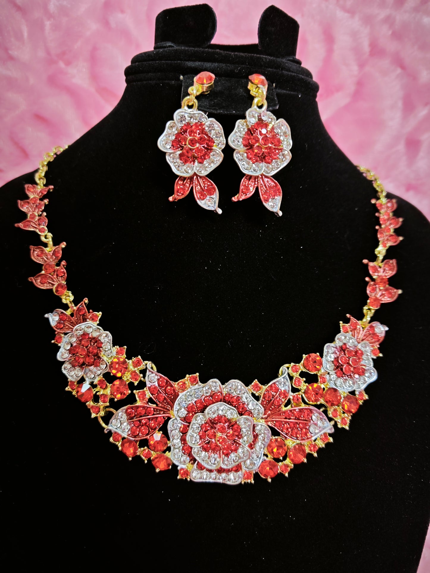Gilded Red Enamel Camellia Cluster Necklace & Earring Set