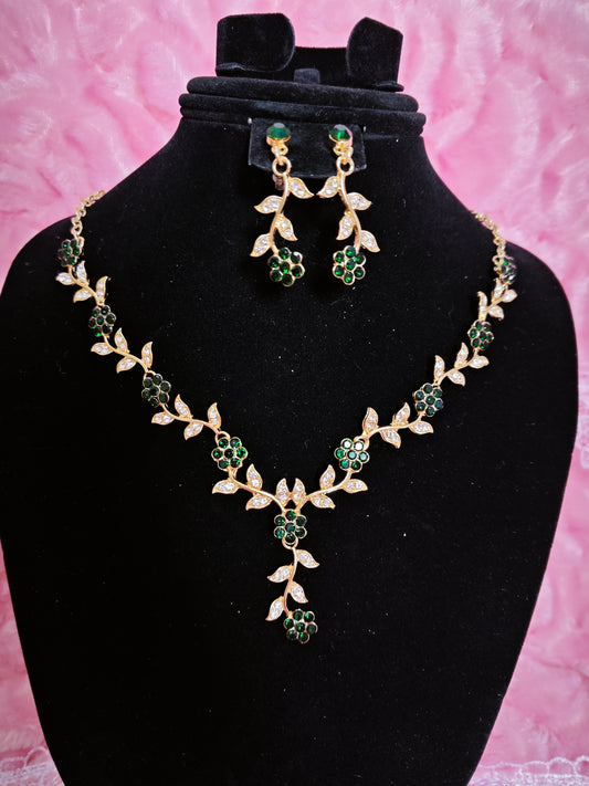 Gilded Emerald & Crystal Floral Twig Necklace & Earring Set