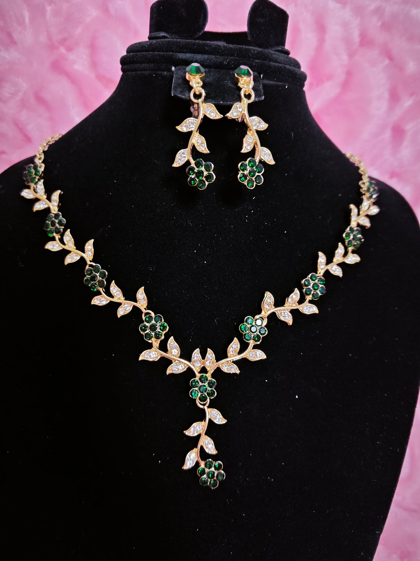Gilded Emerald & Crystal Floral Twig Necklace & Earring Set