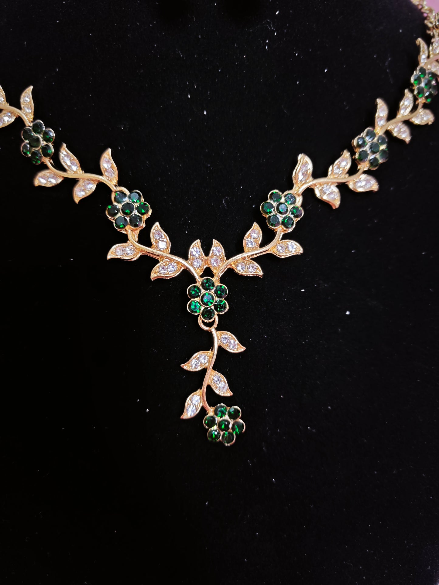 Gilded Emerald & Crystal Floral Twig Necklace & Earring Set