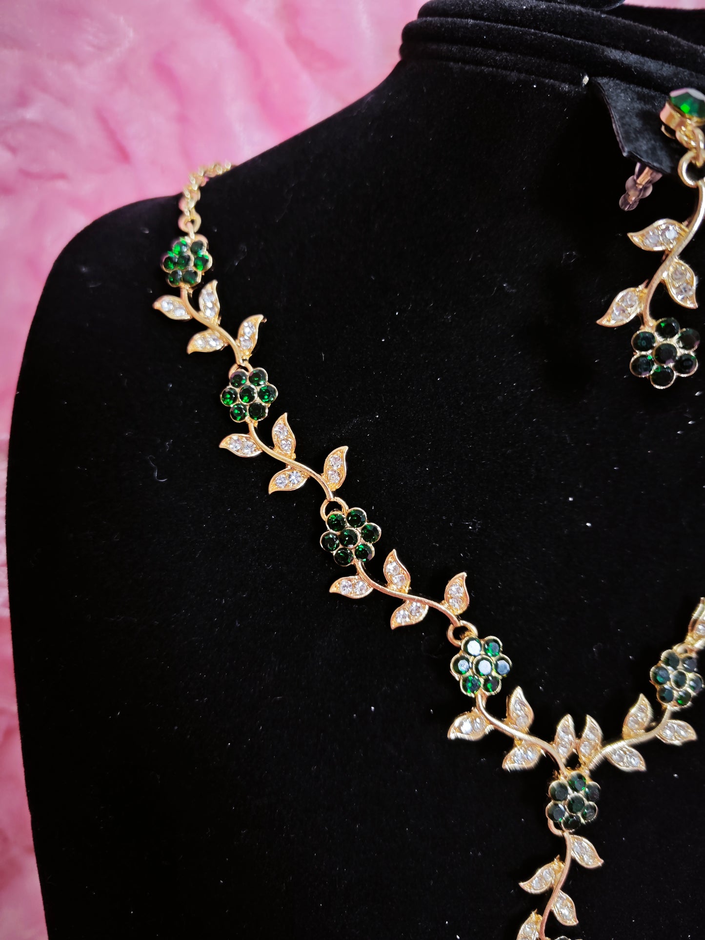 Gilded Emerald & Crystal Floral Twig Necklace & Earring Set