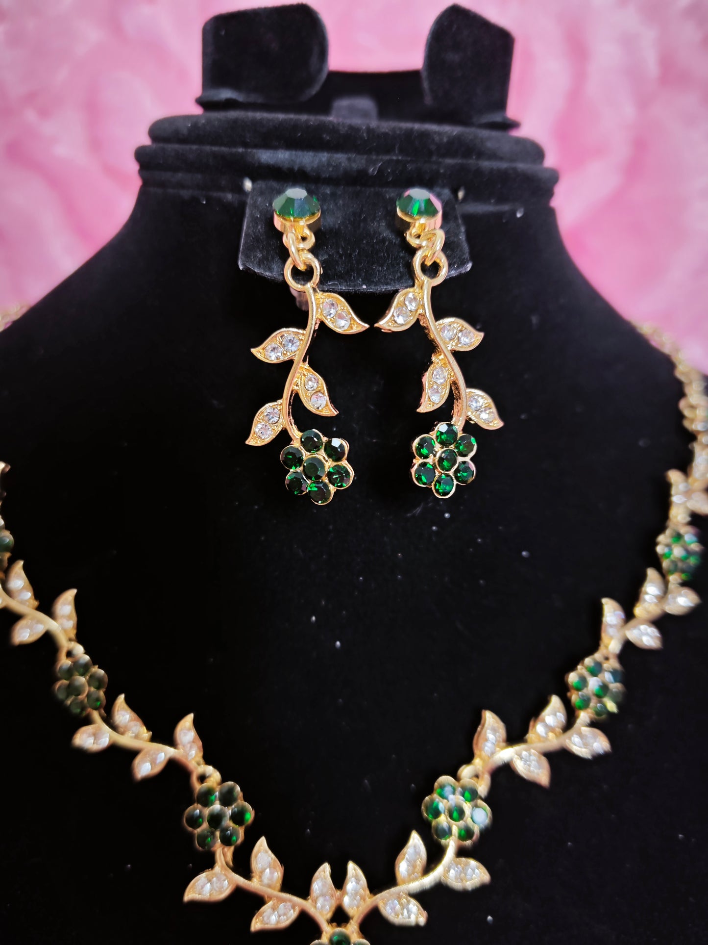 Gilded Emerald & Crystal Floral Twig Necklace & Earring Set