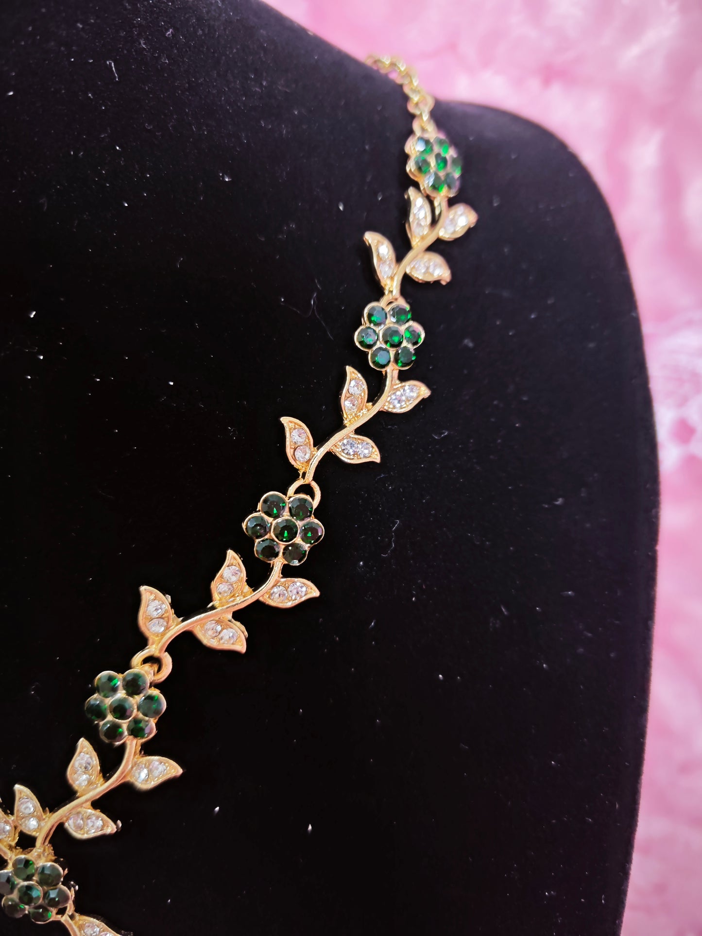 Gilded Emerald & Crystal Floral Twig Necklace & Earring Set