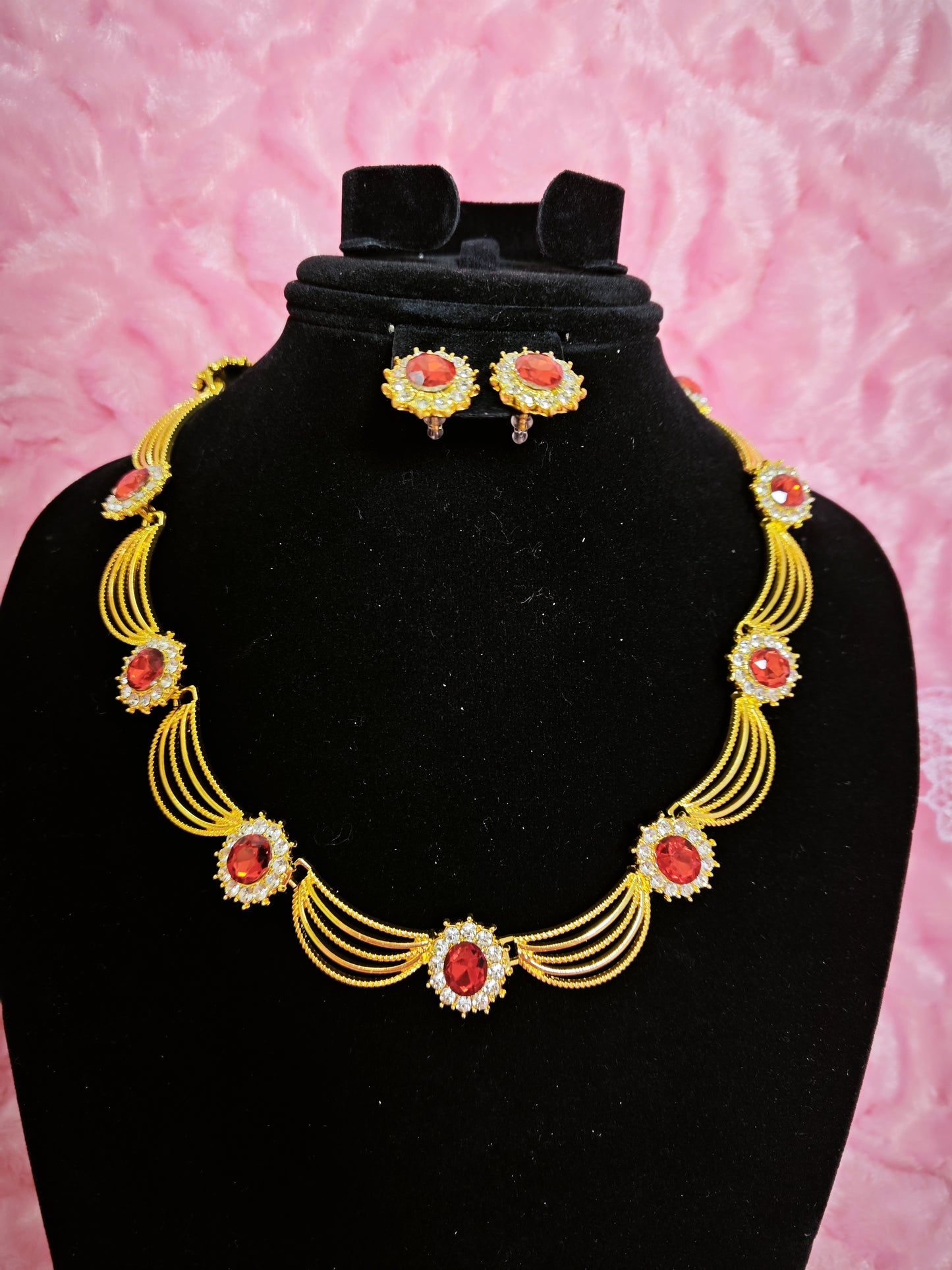 Gilded Ruby & Crystal Woven Necklace & Earring Set