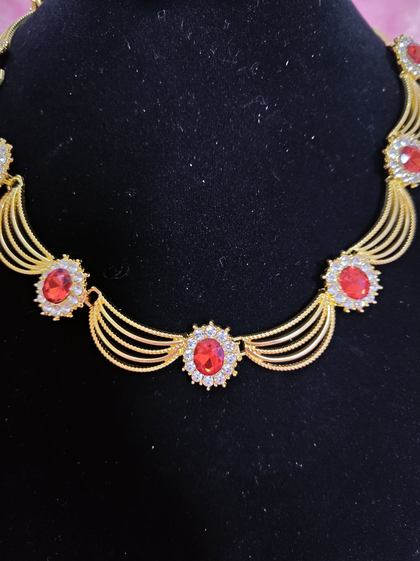 Gilded Ruby & Crystal Woven Necklace & Earring Set