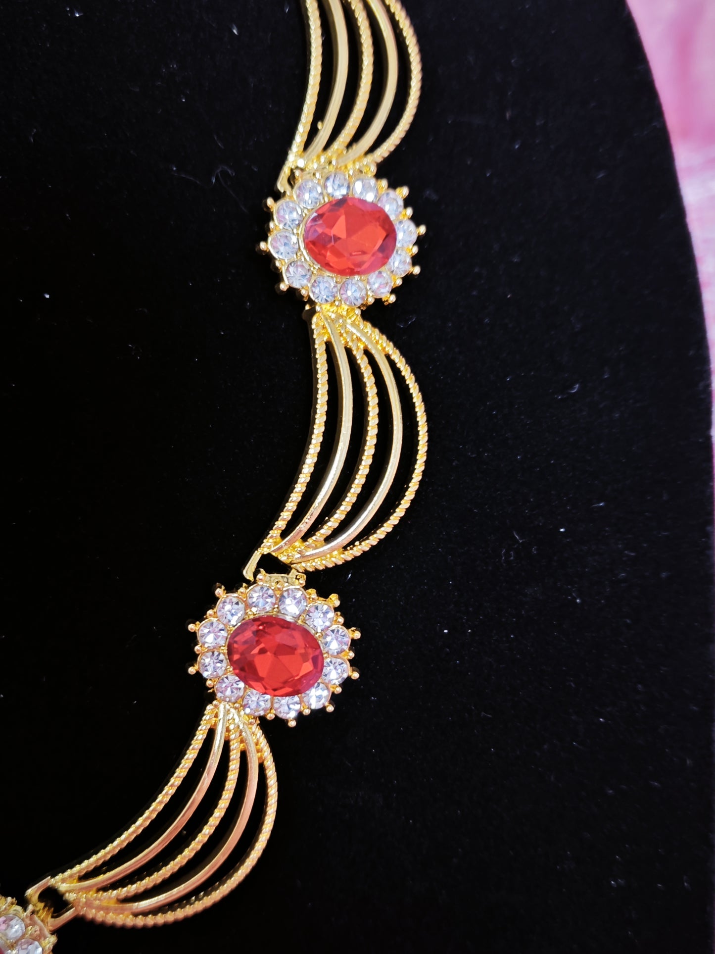 Gilded Ruby & Crystal Woven Necklace & Earring Set