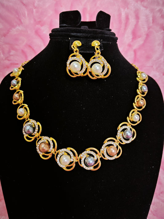 Gilded Pearl & Crystal Swirl Necklace & Earring Set