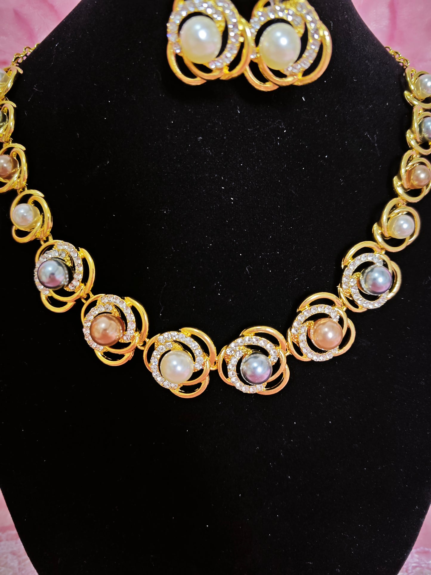 Gilded Pearl & Crystal Swirl Necklace & Earring Set