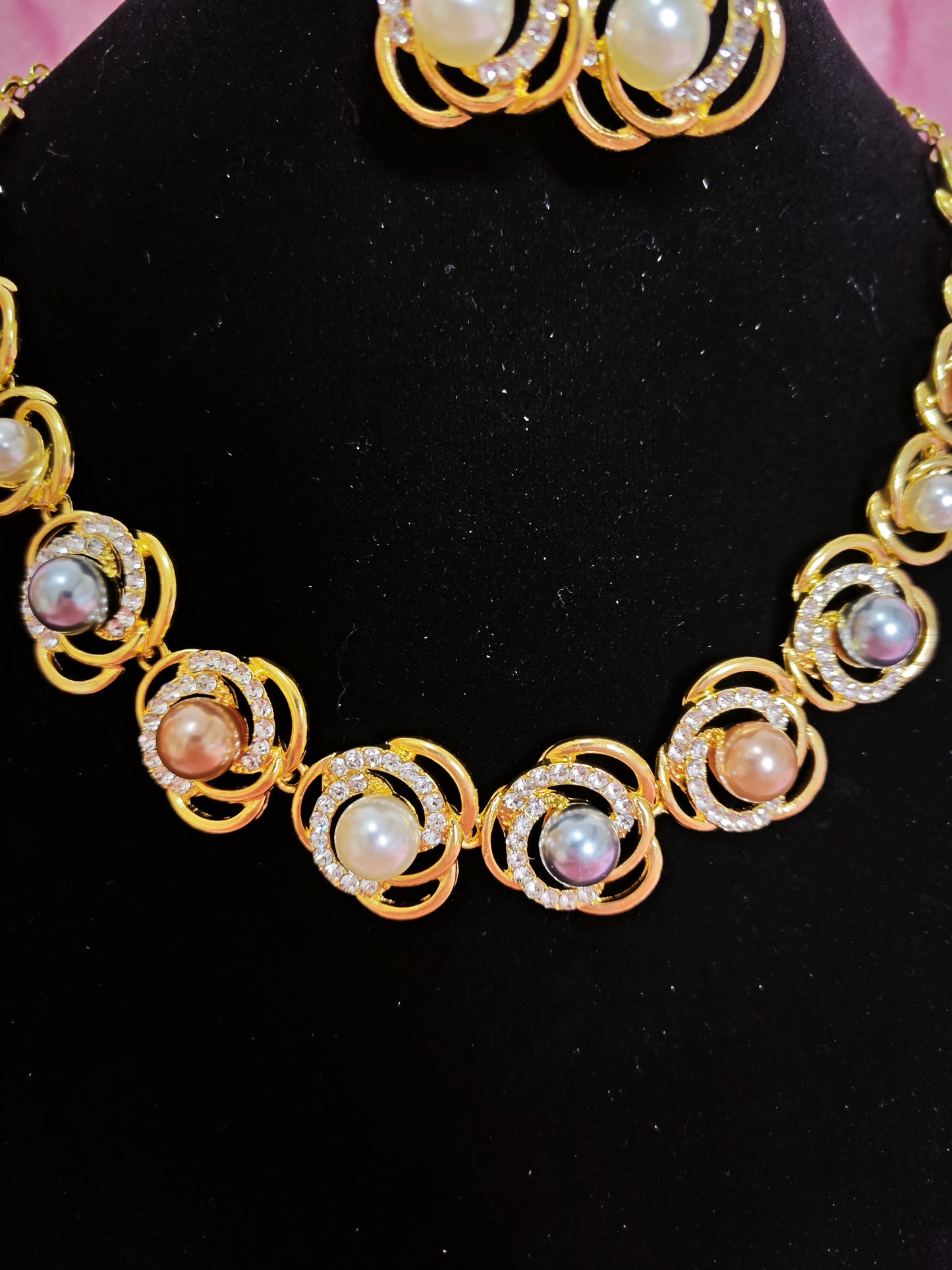 Gilded Pearl & Crystal Swirl Necklace & Earring Set