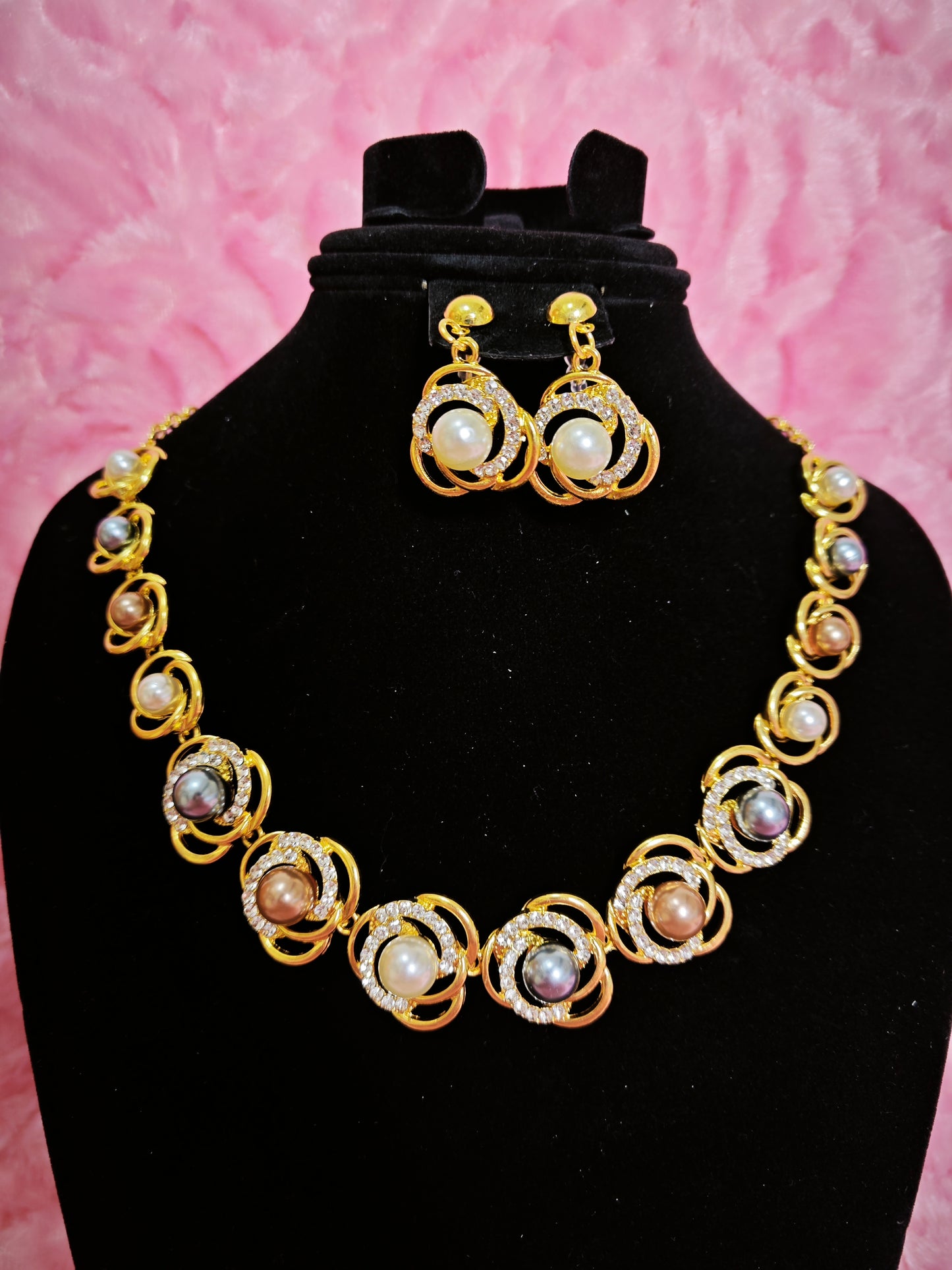Gilded Pearl & Crystal Swirl Necklace & Earring Set
