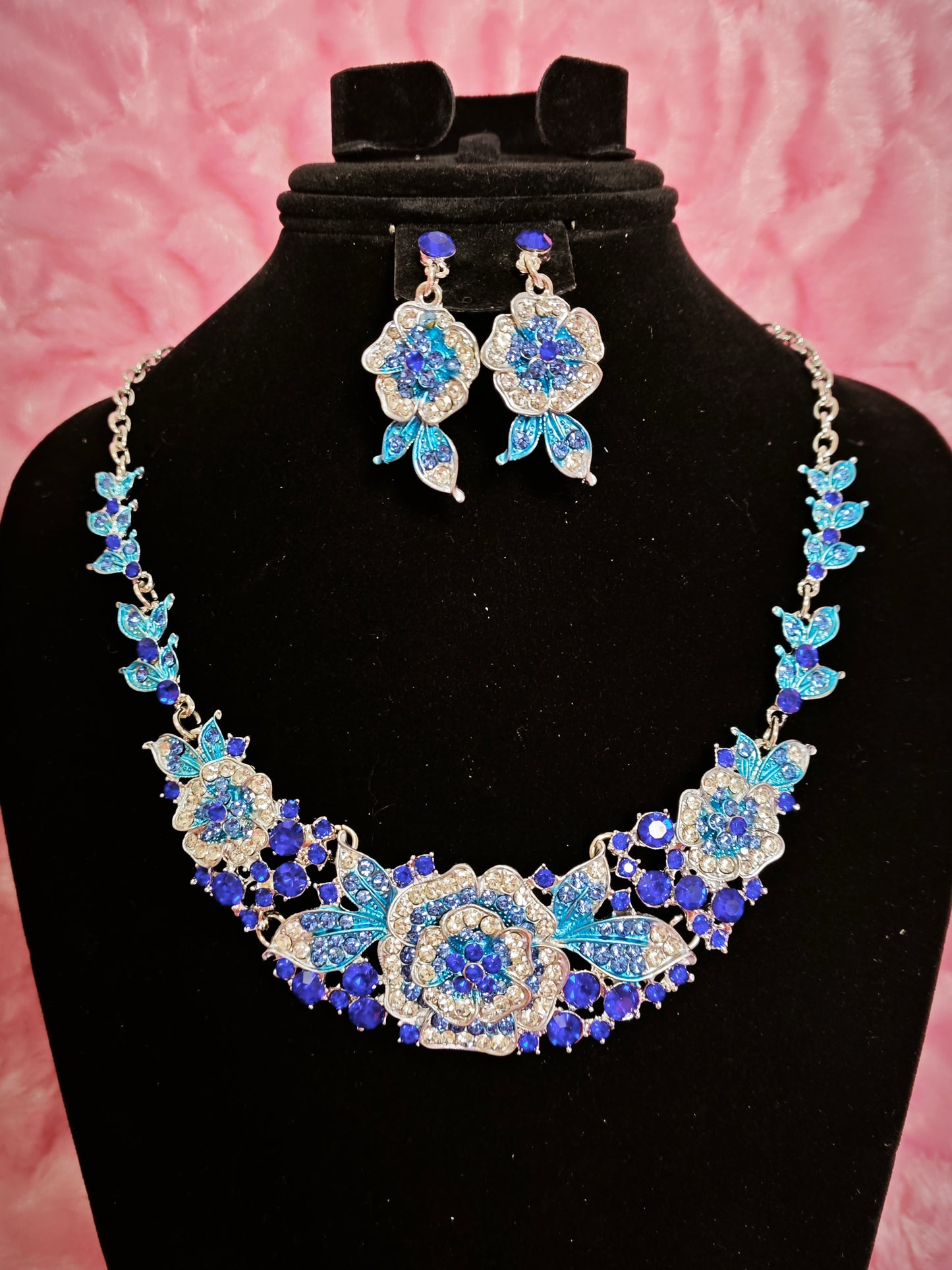 Silver Blue Enamel Floral & Crystal Necklace & Earring Set