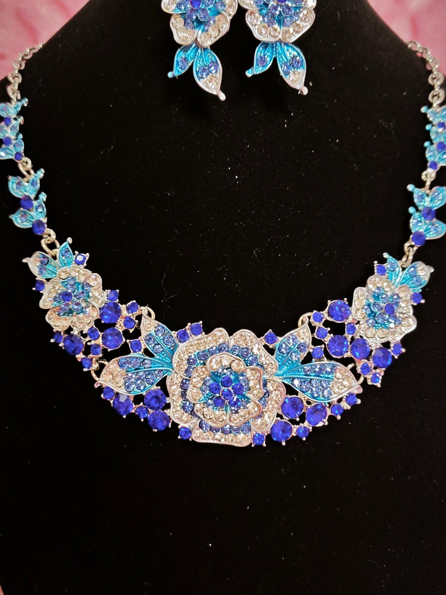 Silver Blue Enamel Floral & Crystal Necklace & Earring Set