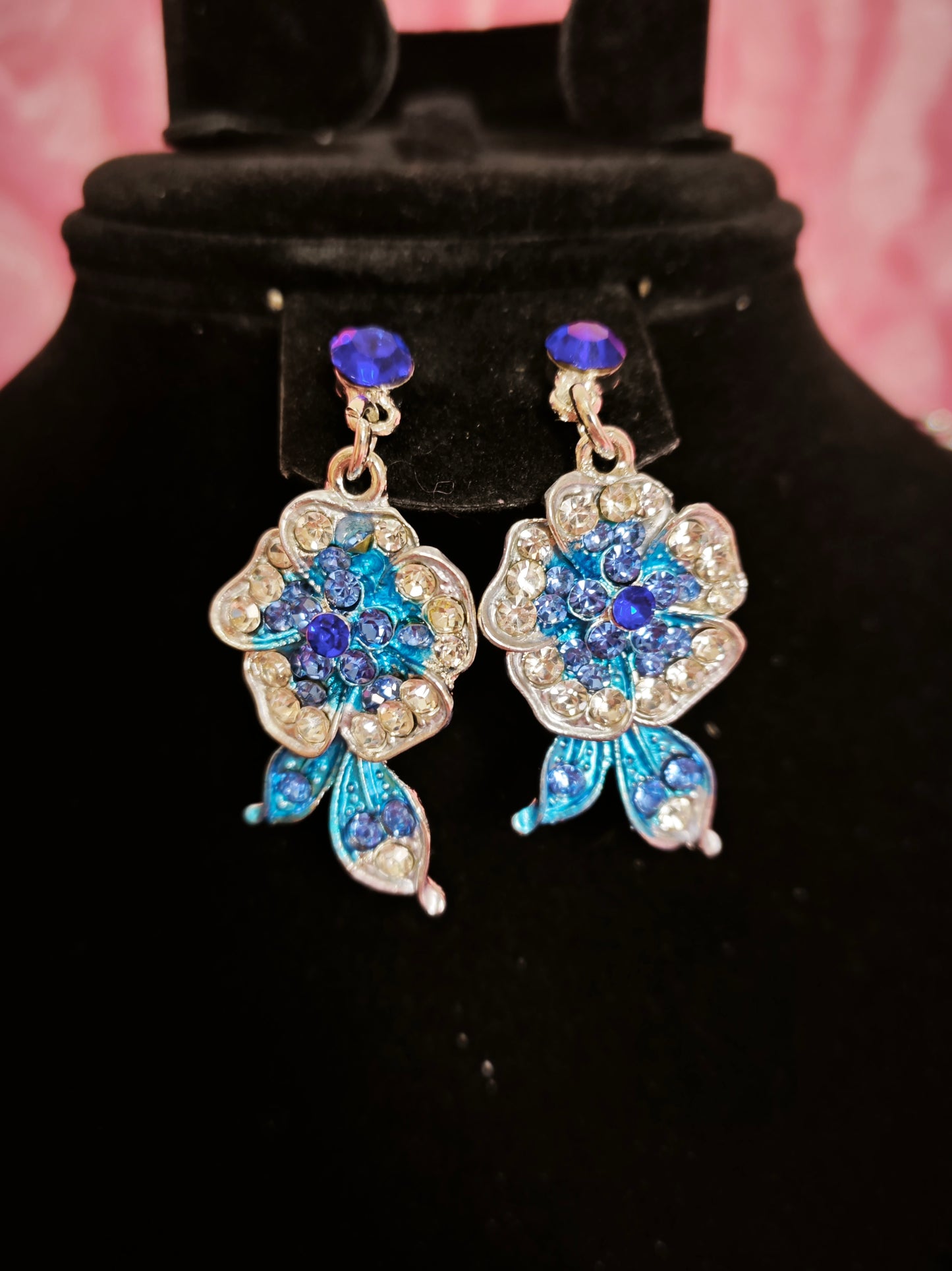 Silver Blue Enamel Floral & Crystal Necklace & Earring Set