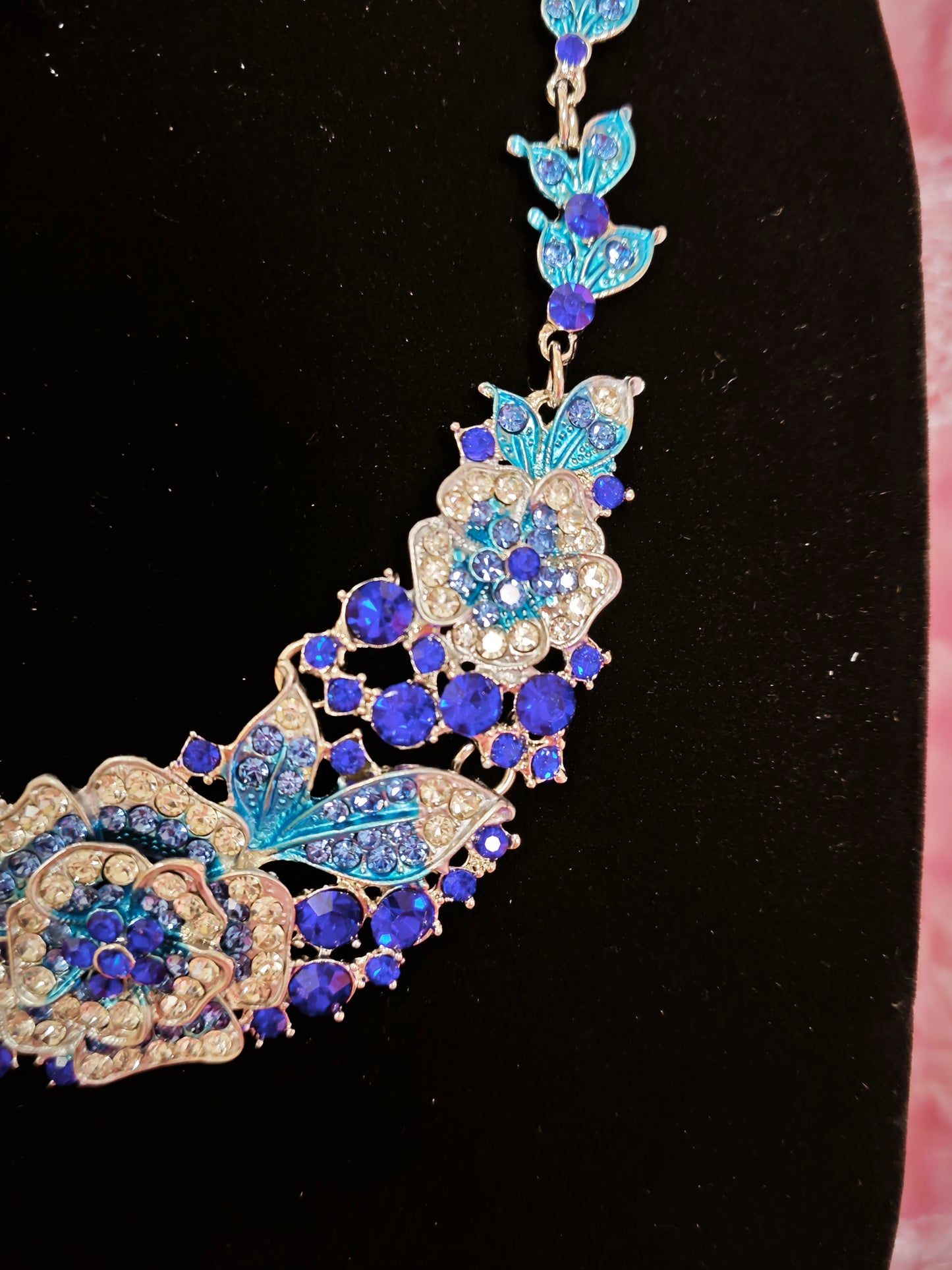 Silver Blue Enamel Floral & Crystal Necklace & Earring Set