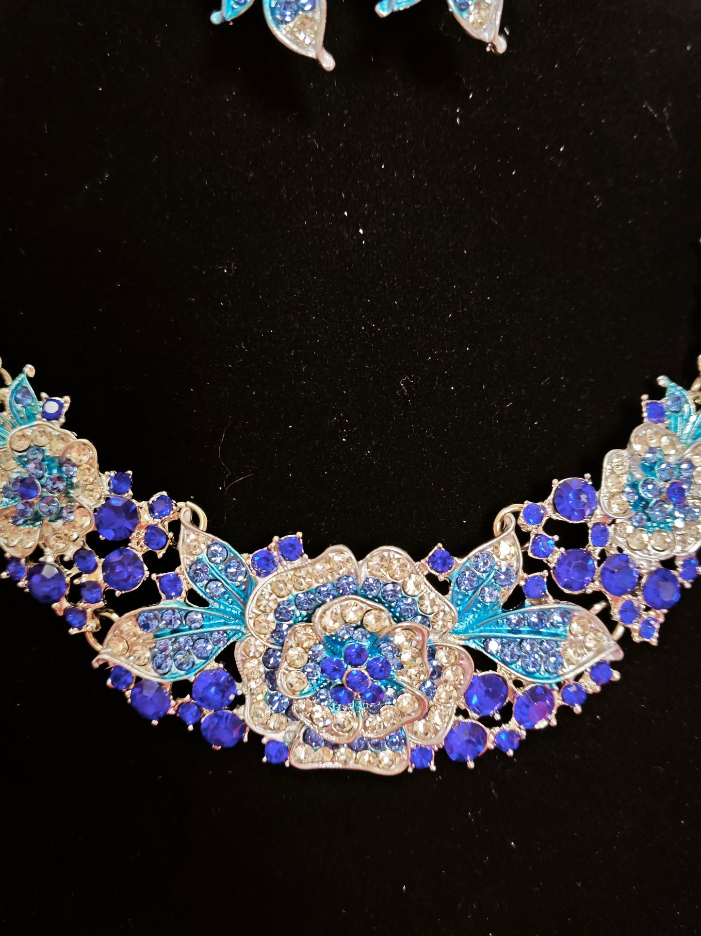 Silver Blue Enamel Floral & Crystal Necklace & Earring Set