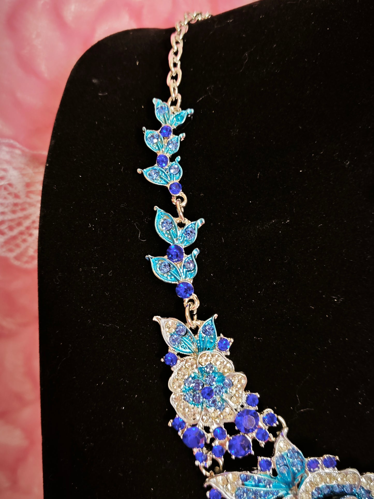 Silver Blue Enamel Floral & Crystal Necklace & Earring Set