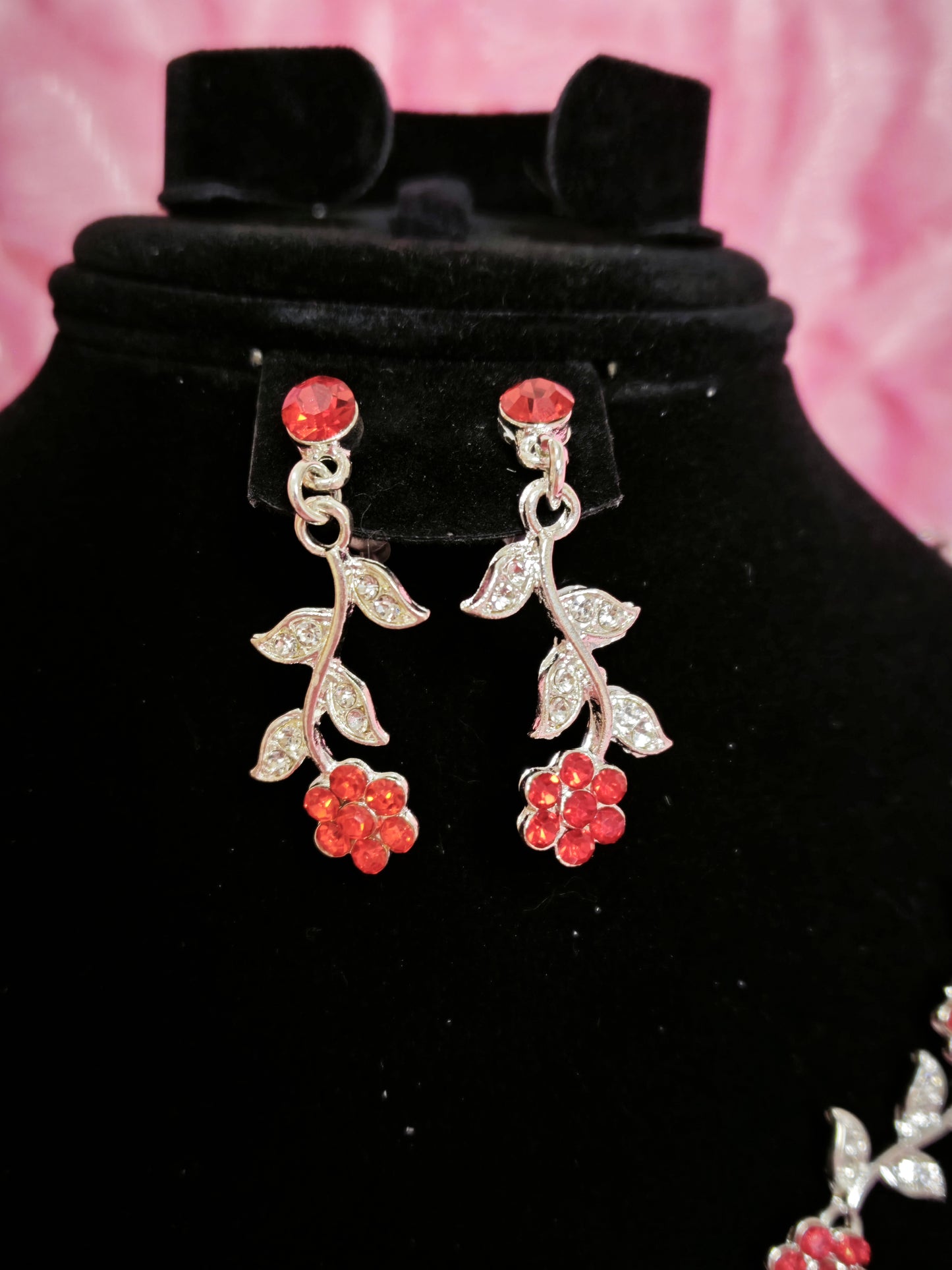 Silver Red Gem & Crystal Floral Twig Necklace & Earring Set