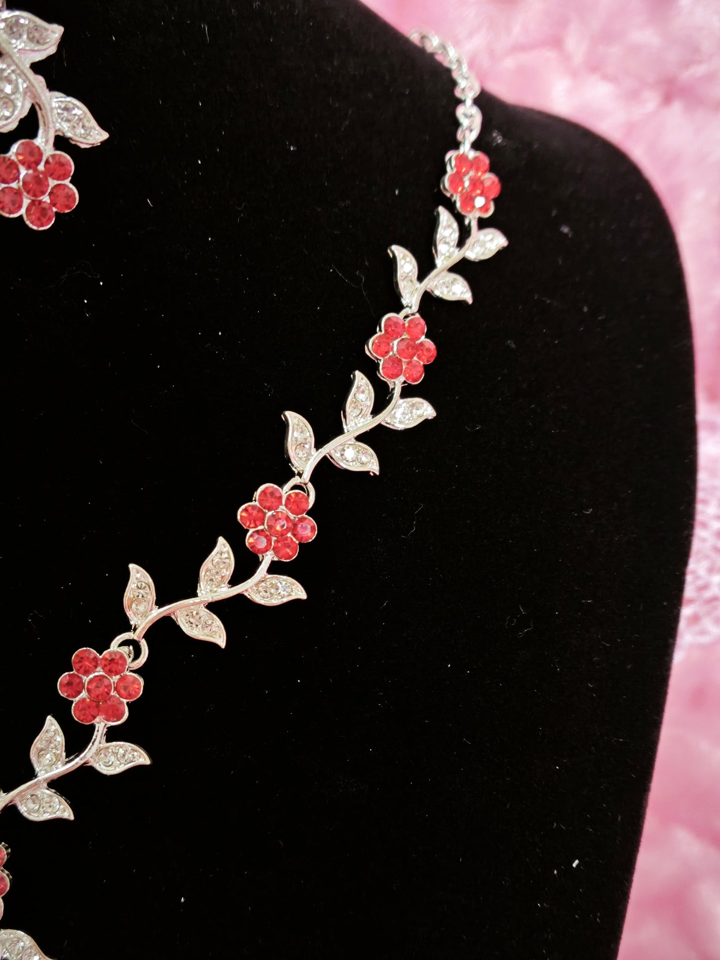 Silver Red Gem & Crystal Floral Twig Necklace & Earring Set