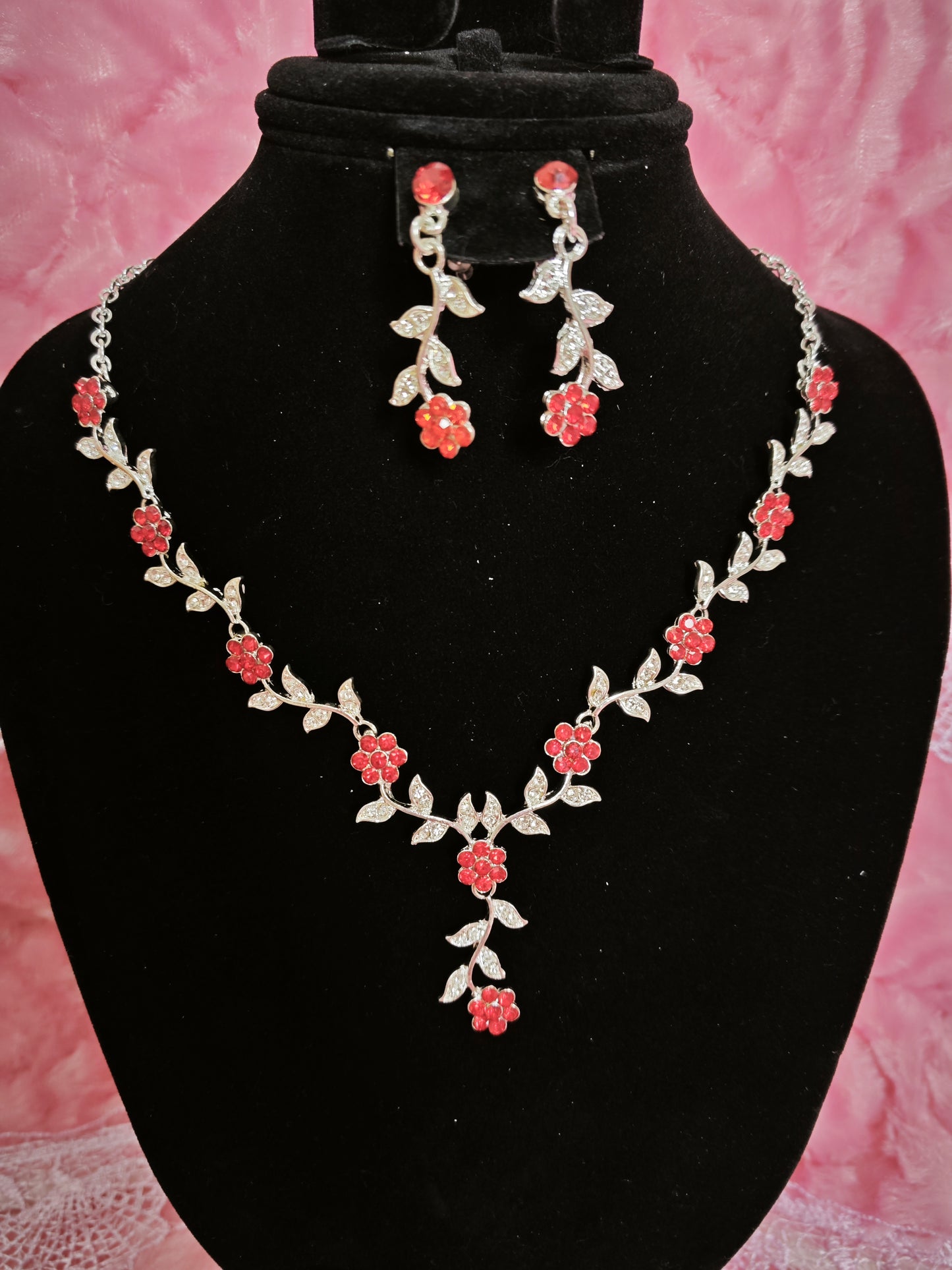 Silver Red Gem & Crystal Floral Twig Necklace & Earring Set