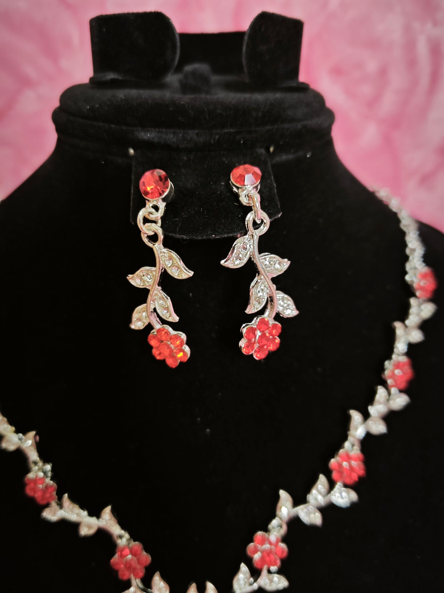 Silver Red Gem & Crystal Floral Twig Necklace & Earring Set