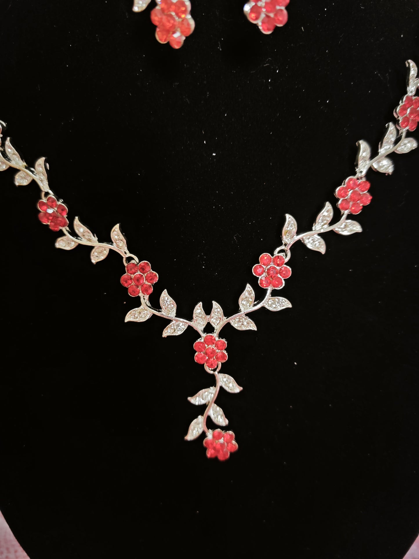 Silver Red Gem & Crystal Floral Twig Necklace & Earring Set