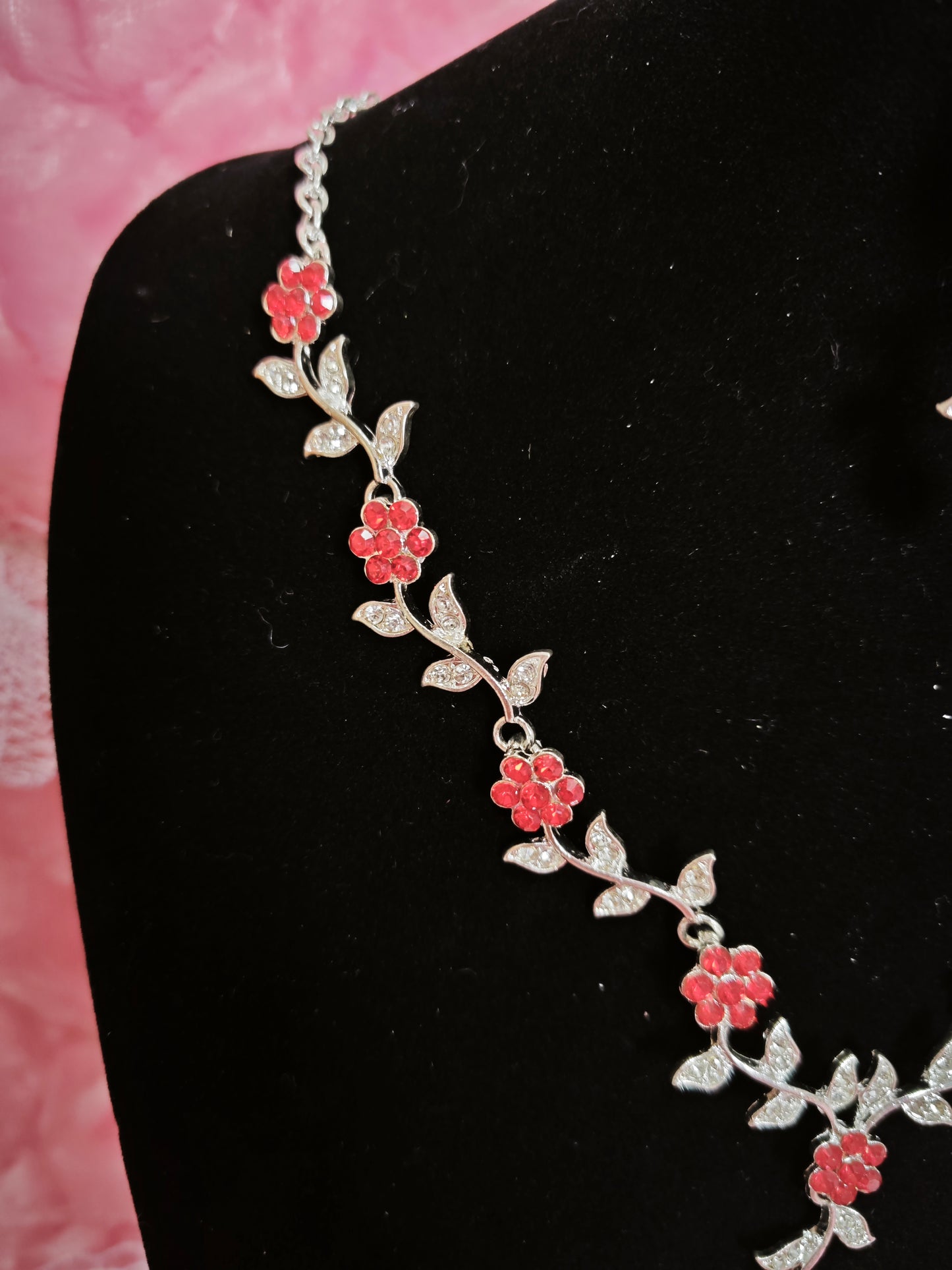 Silver Red Gem & Crystal Floral Twig Necklace & Earring Set