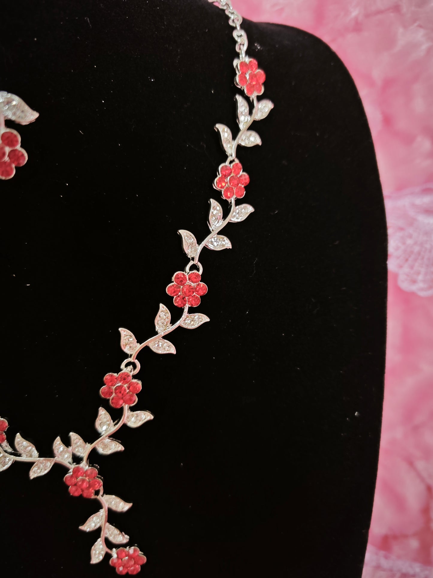 Silver Red Gem & Crystal Floral Twig Necklace & Earring Set