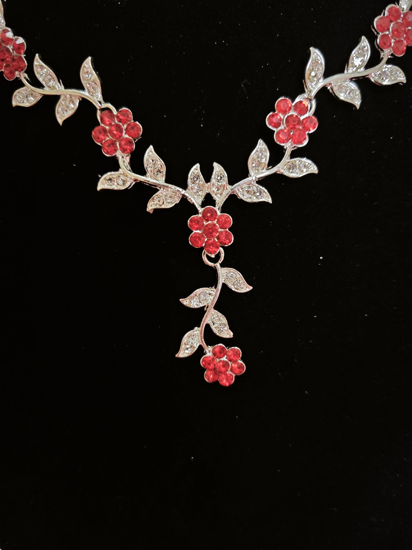 Silver Red Gem & Crystal Floral Twig Necklace & Earring Set
