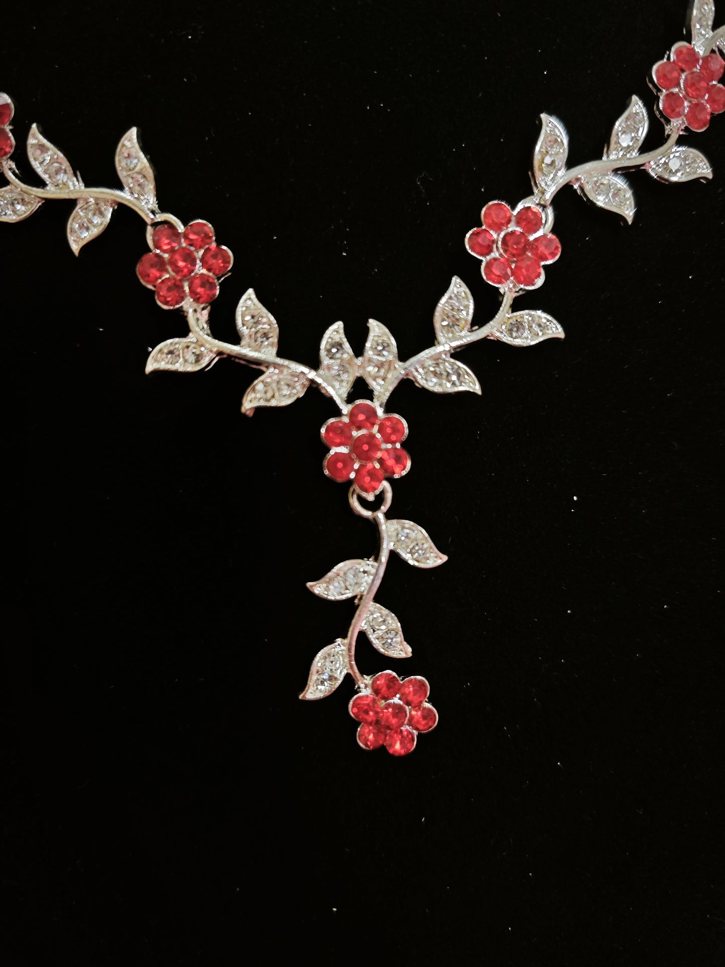 Silver Red Gem & Crystal Floral Twig Necklace & Earring Set