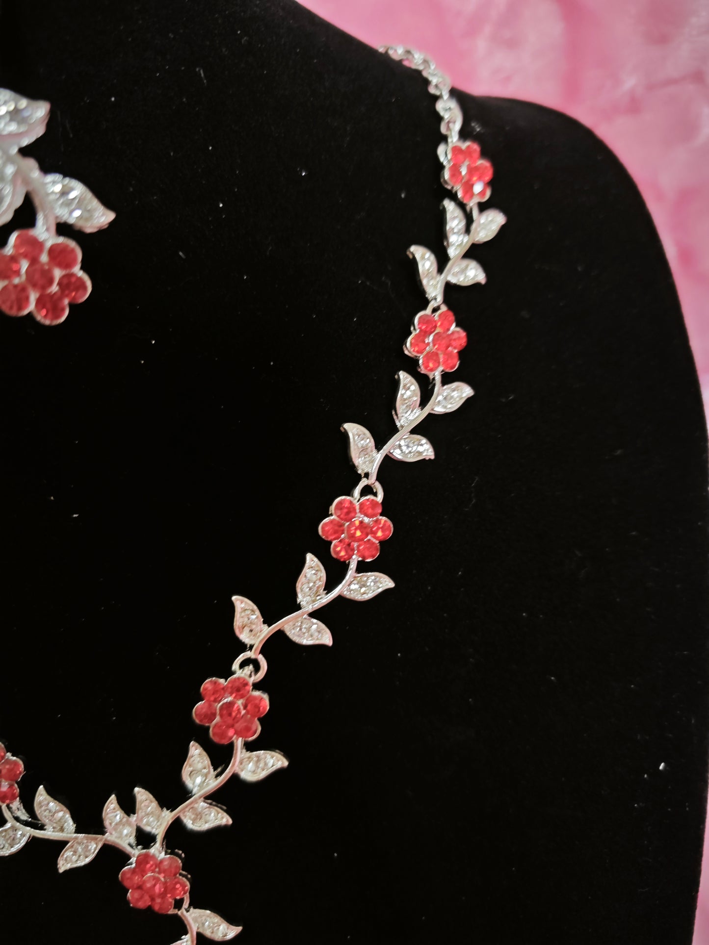 Silver Red Gem & Crystal Floral Twig Necklace & Earring Set
