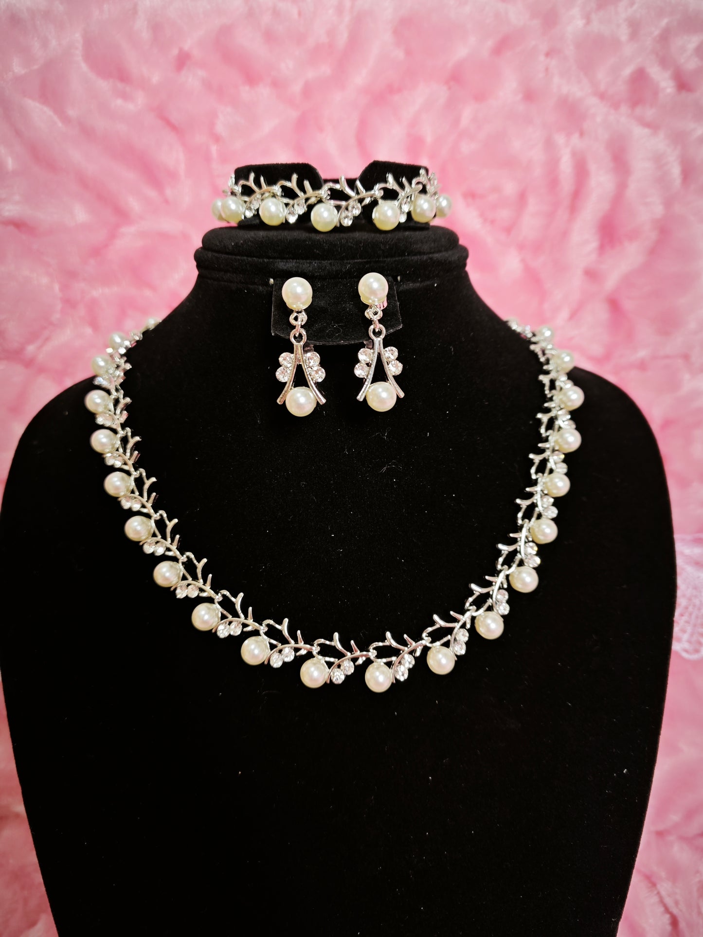 Silver Pearl & Crystal Vine Jewelry Ensemble
