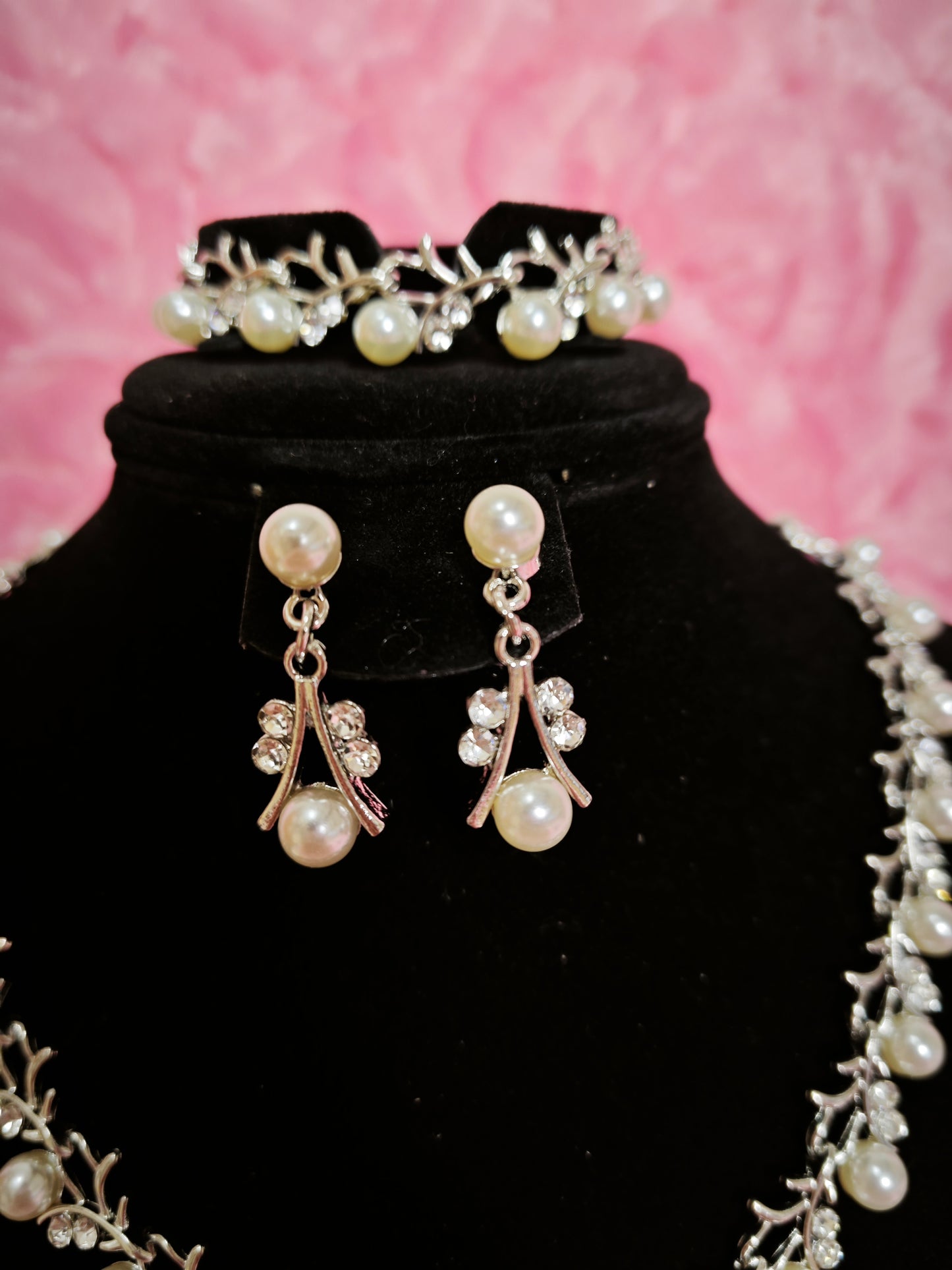 Silver Pearl & Crystal Vine Jewelry Ensemble