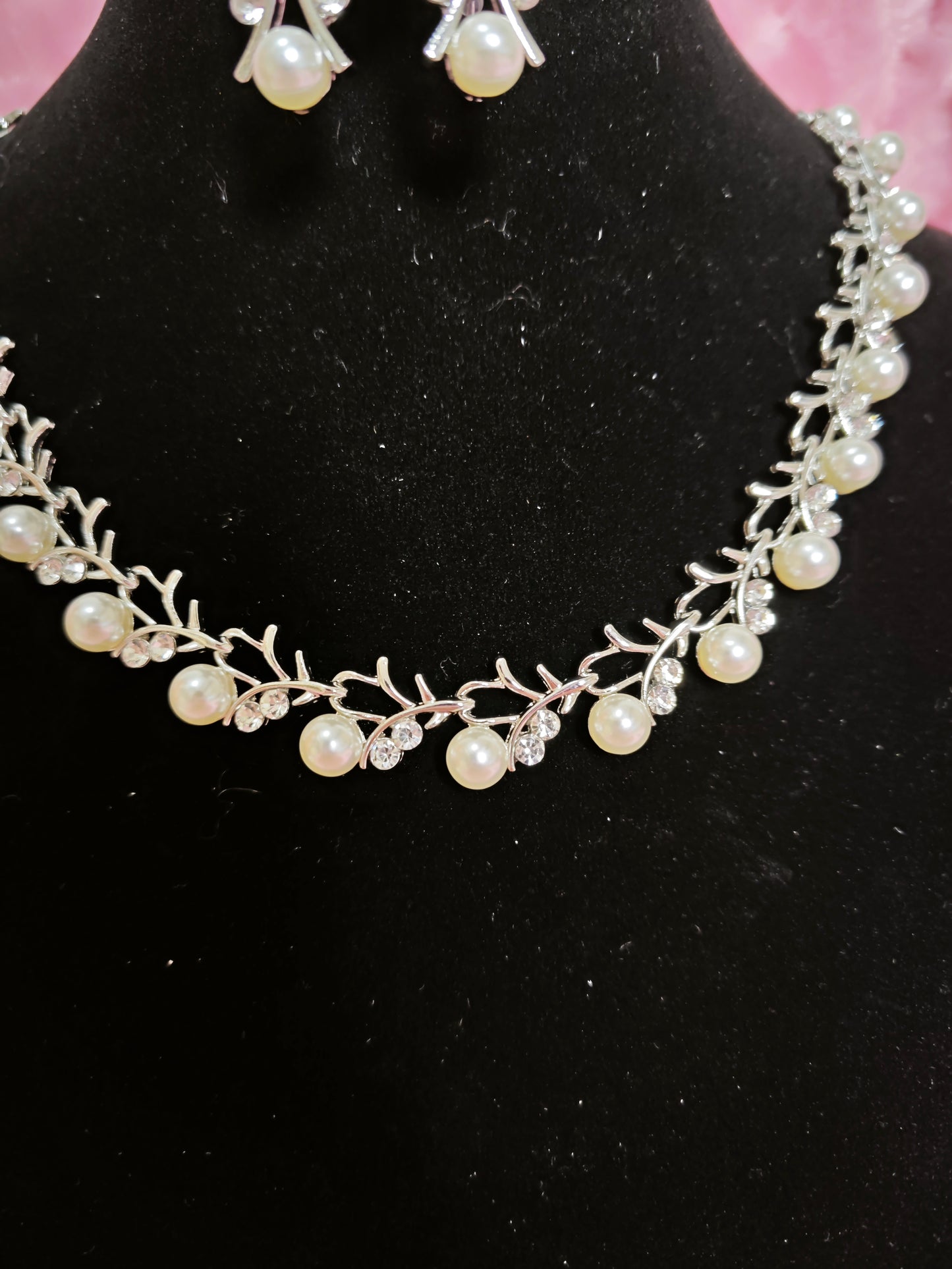 Silver Pearl & Crystal Vine Jewelry Ensemble