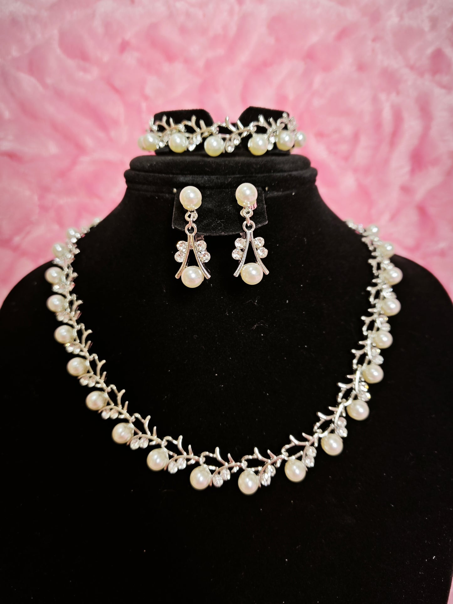 Silver Pearl & Crystal Vine Jewelry Ensemble