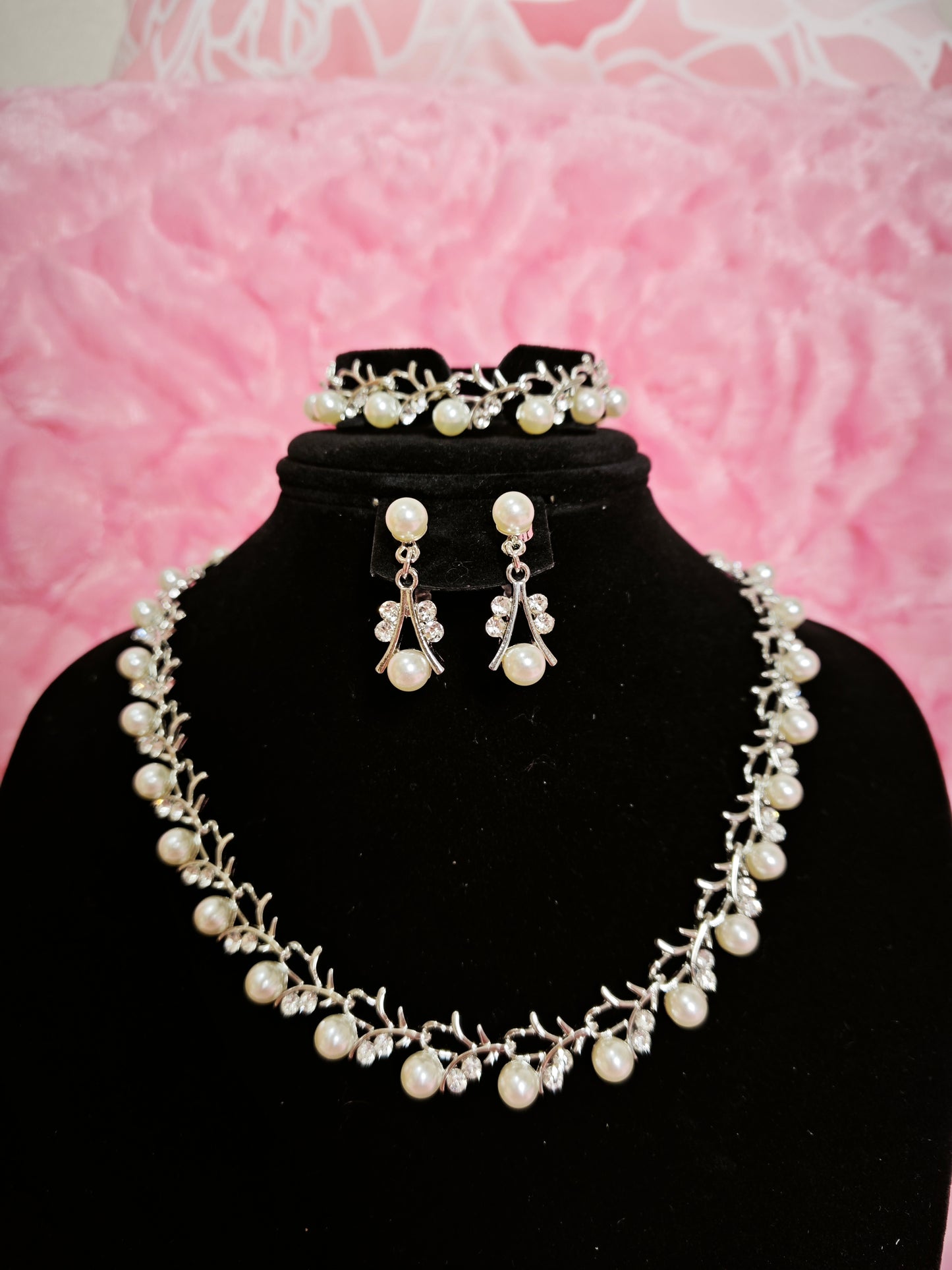 Silver Pearl & Crystal Vine Jewelry Ensemble