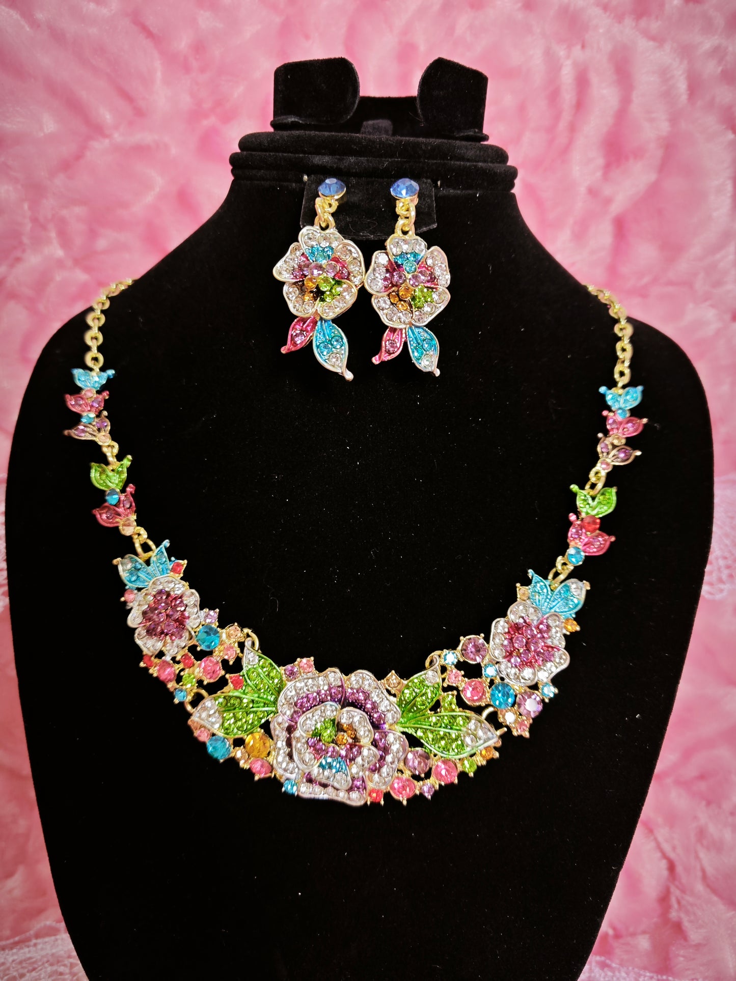 Gilded Rainbow Enamel Floral & Crystal Necklace & Earring Set