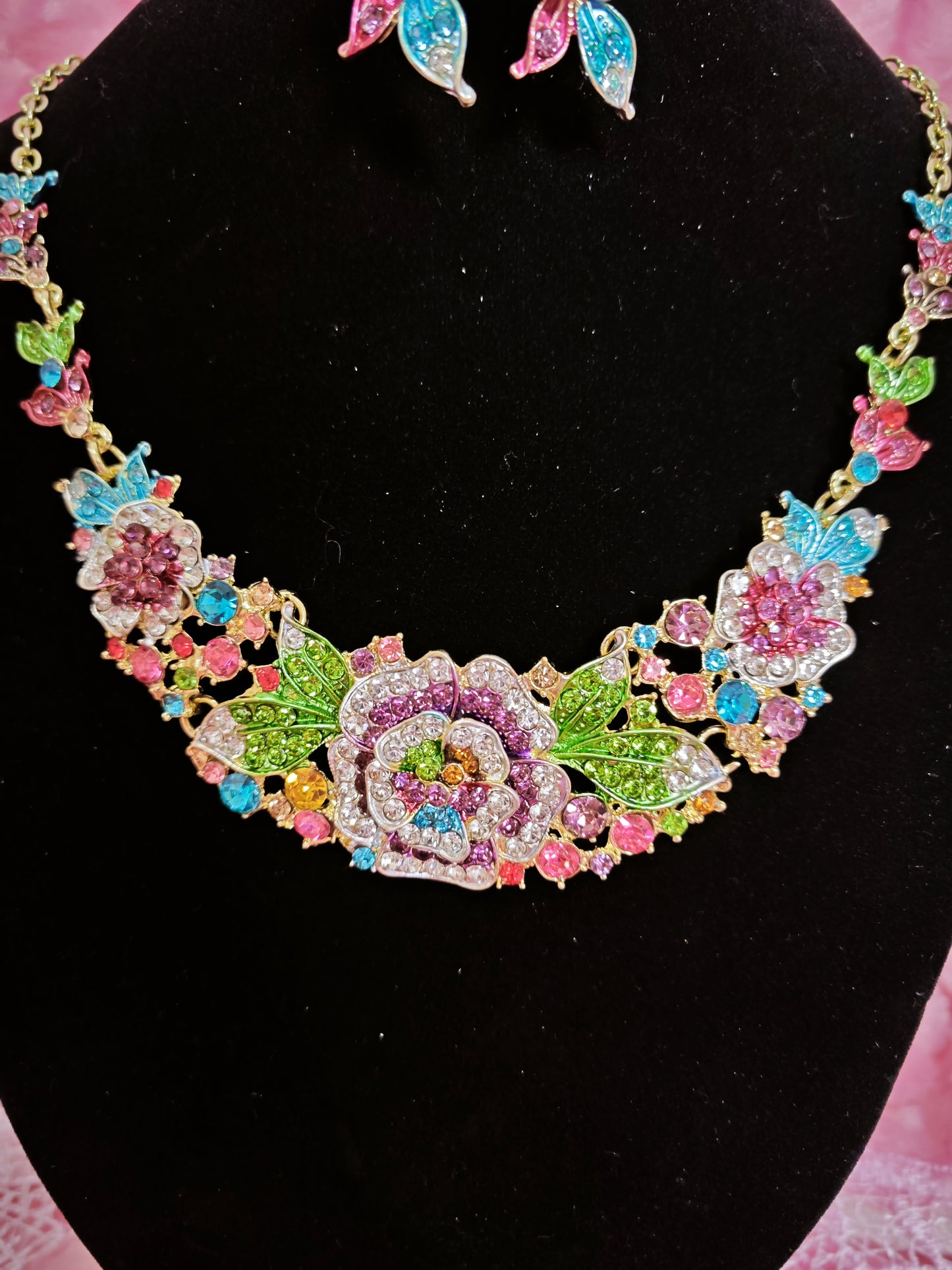 Gilded Rainbow Enamel Floral & Crystal Necklace & Earring Set