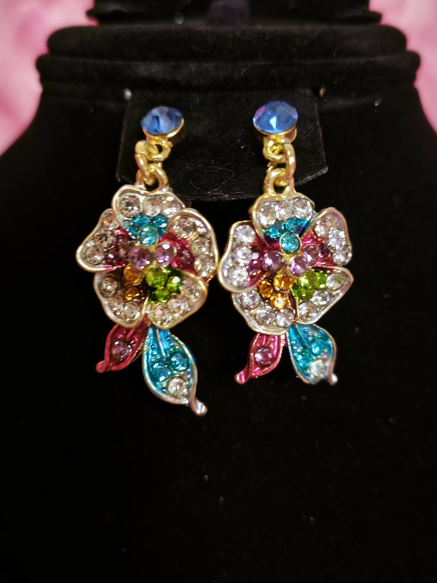 Gilded Rainbow Enamel Floral & Crystal Necklace & Earring Set