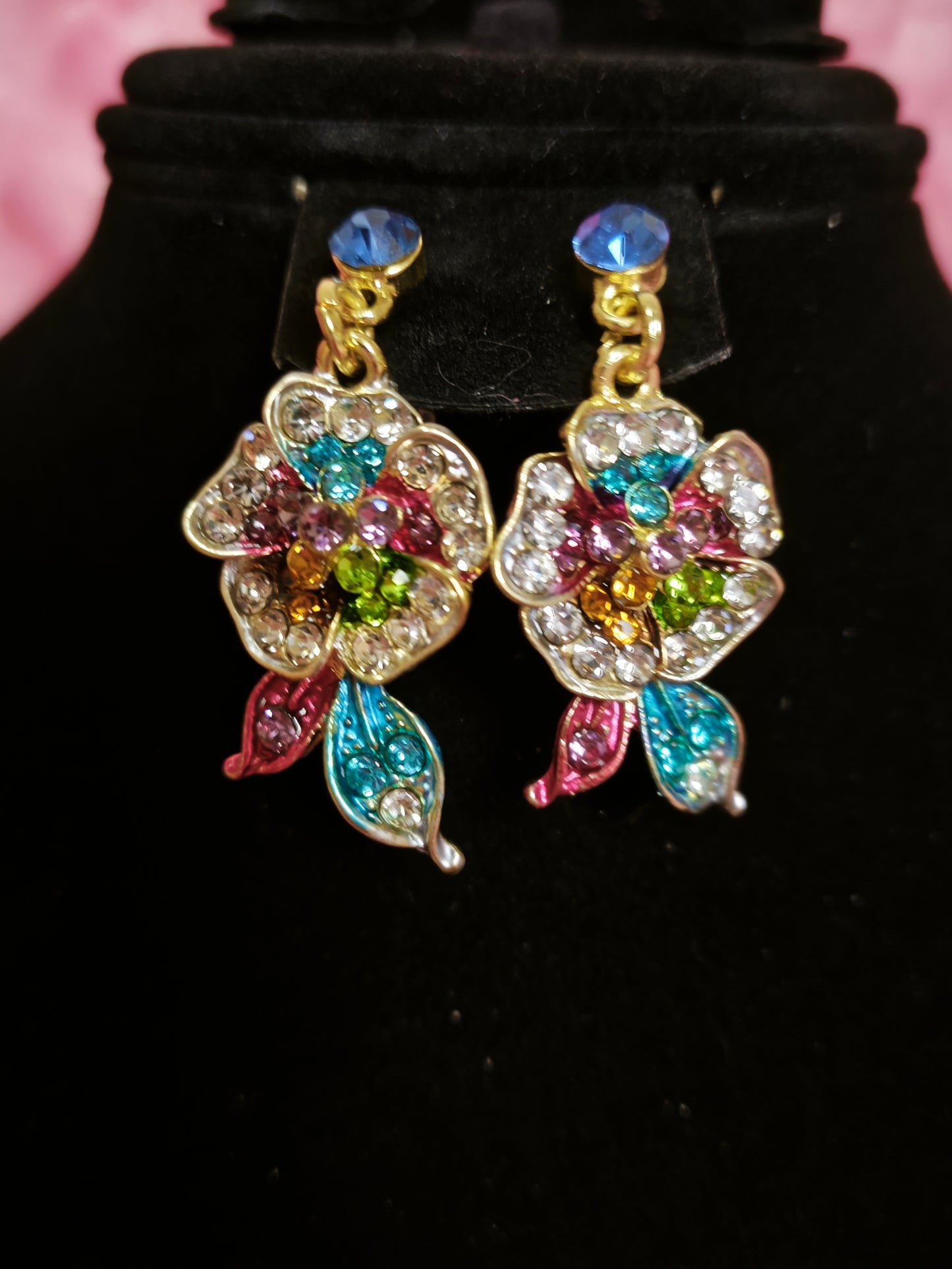 Gilded Rainbow Enamel Floral & Crystal Necklace & Earring Set