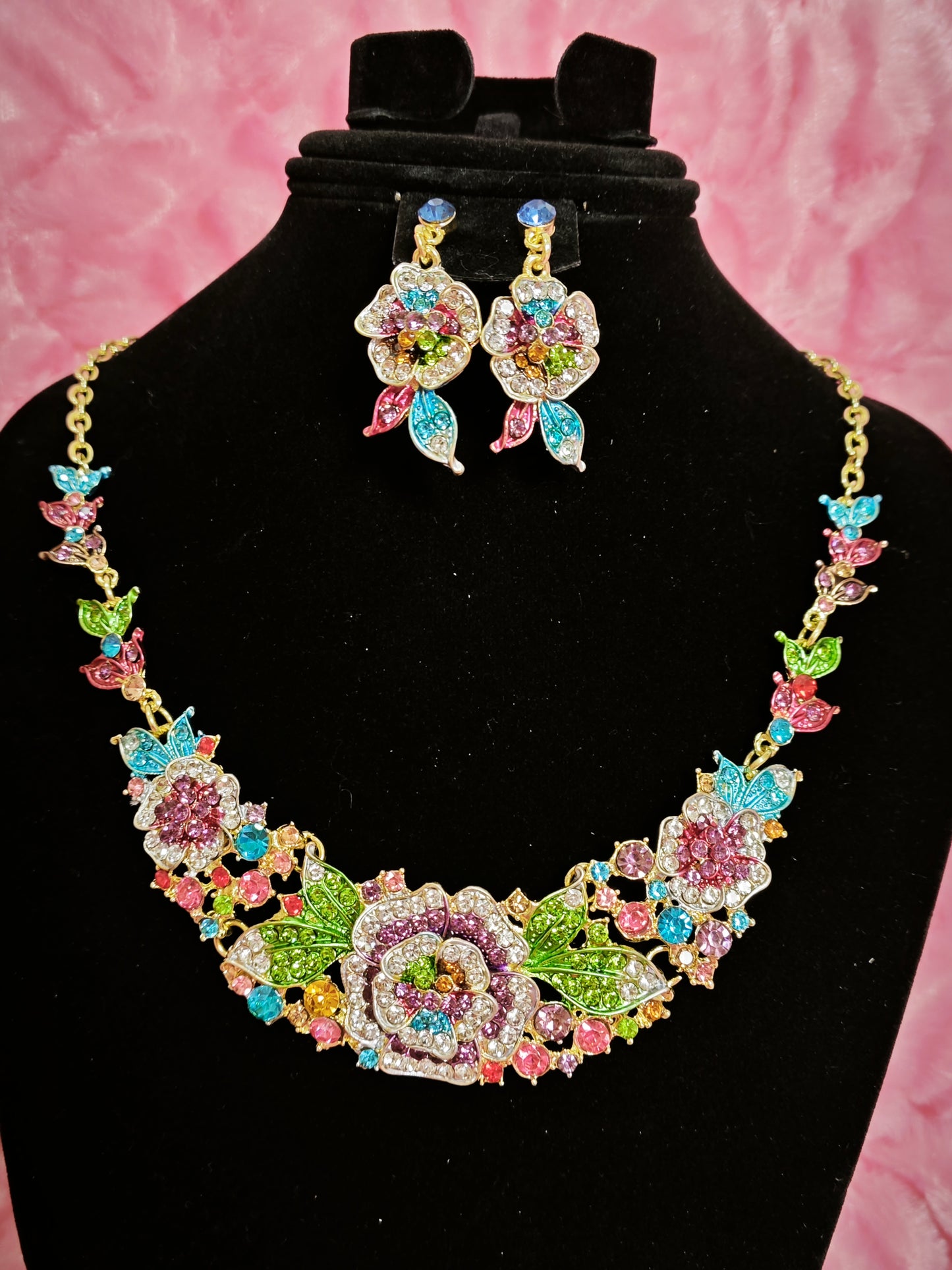 Gilded Rainbow Enamel Floral & Crystal Necklace & Earring Set