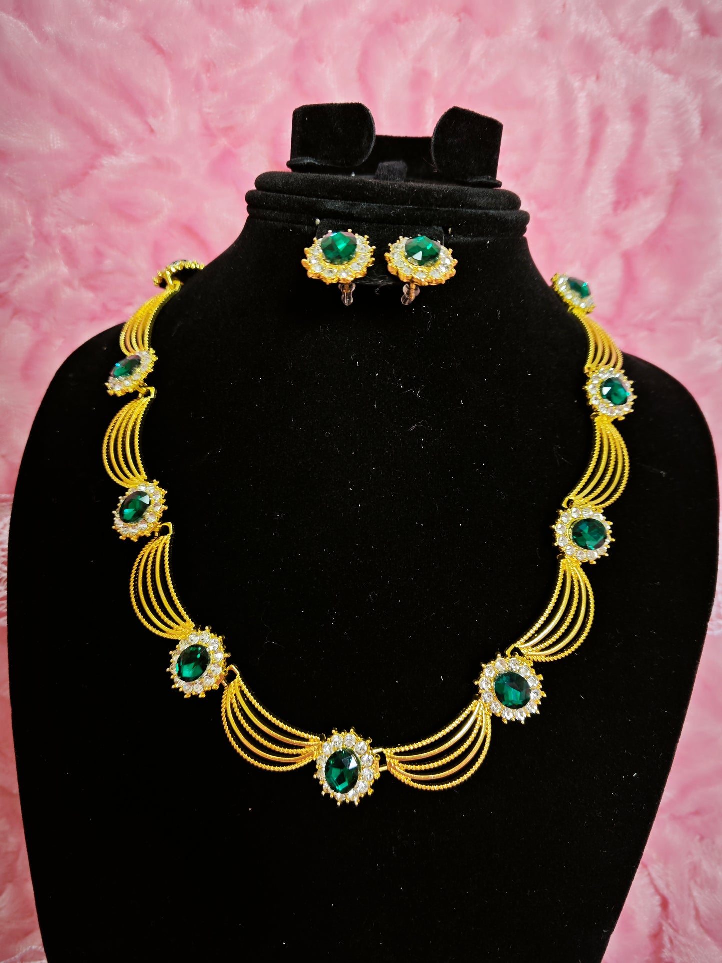 Gilded Emerald & Crystal Woven Necklace & Earring Set