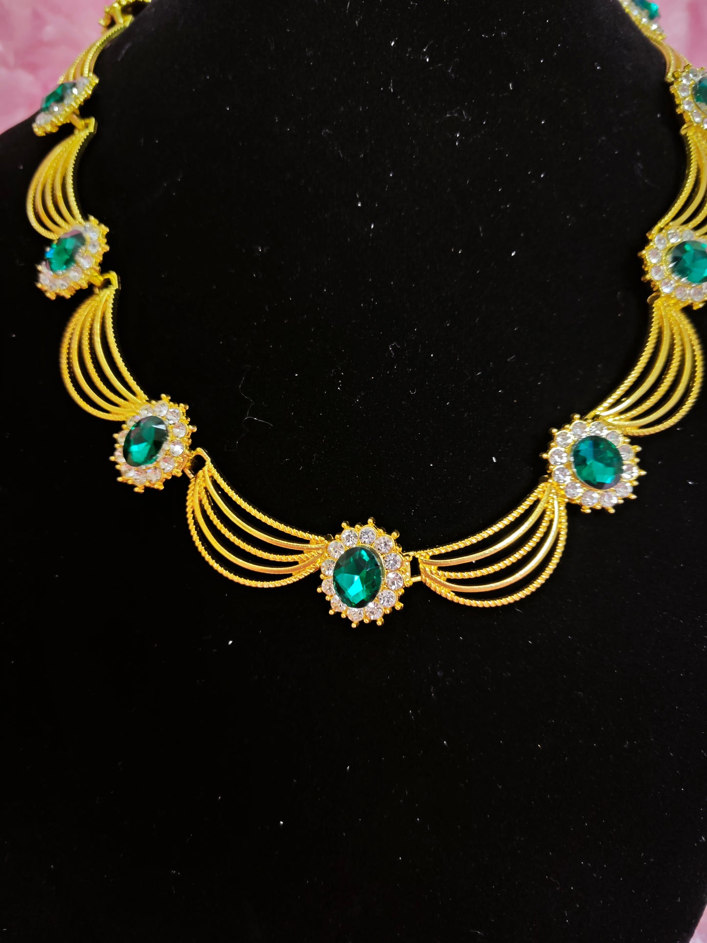 Gilded Emerald & Crystal Woven Necklace & Earring Set
