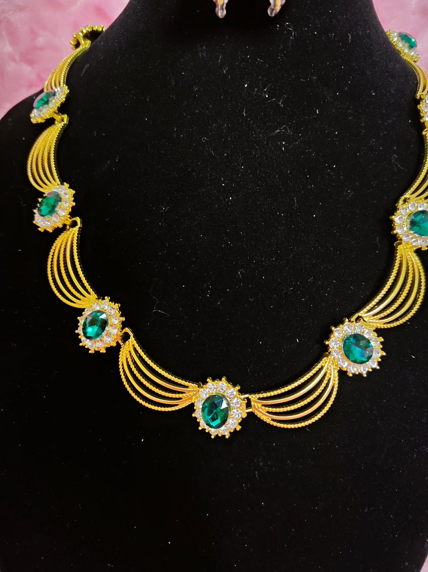 Gilded Emerald & Crystal Woven Necklace & Earring Set