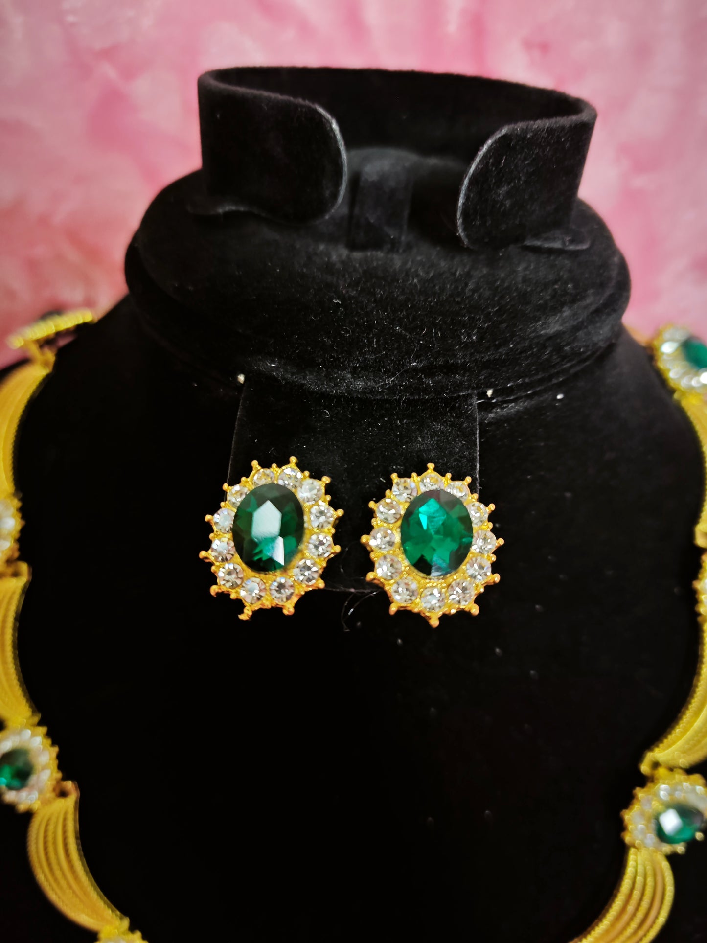 Gilded Emerald & Crystal Woven Necklace & Earring Set