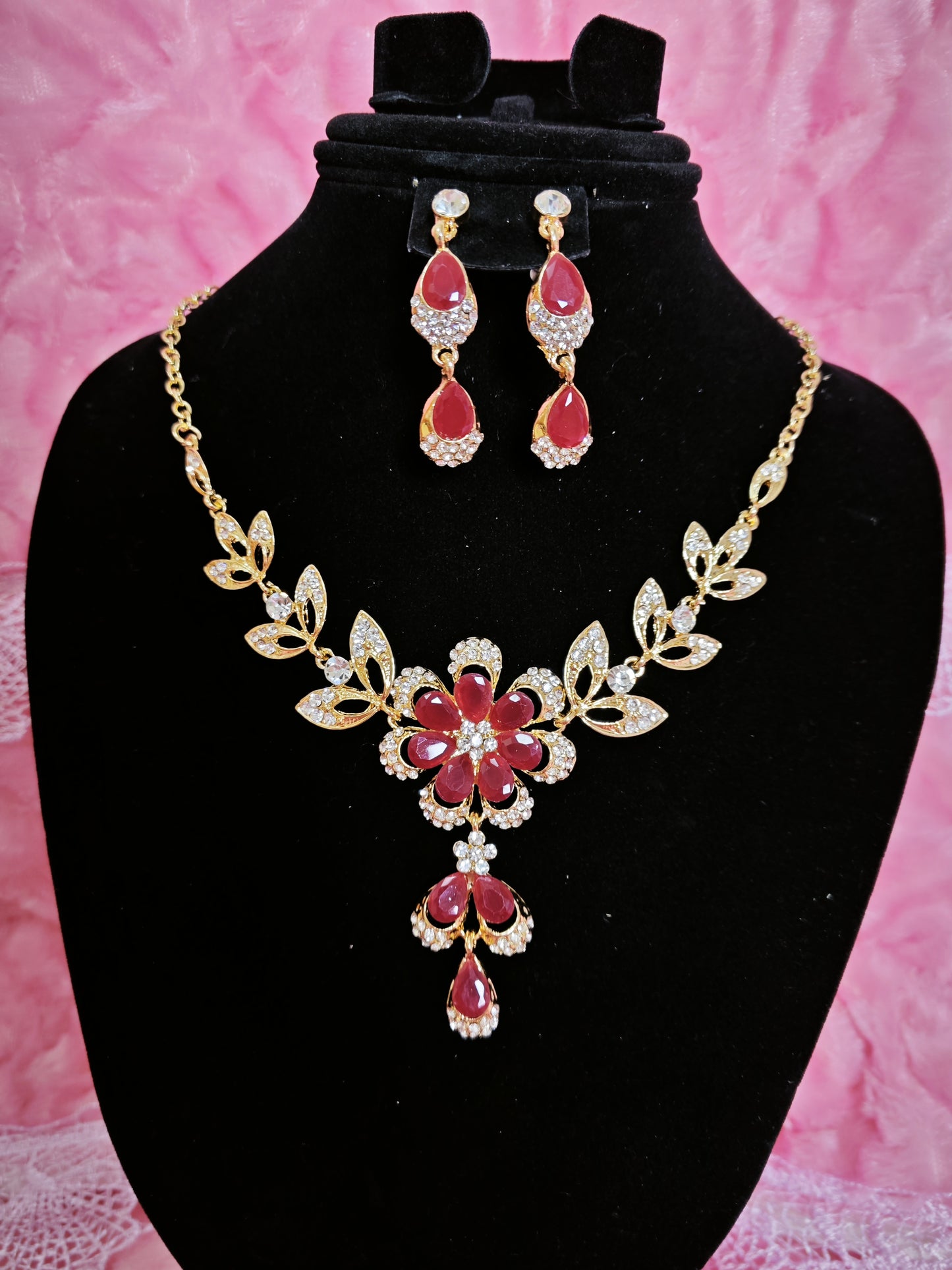 Gilded Ruby & Crystal Floral Necklace & Earring Set