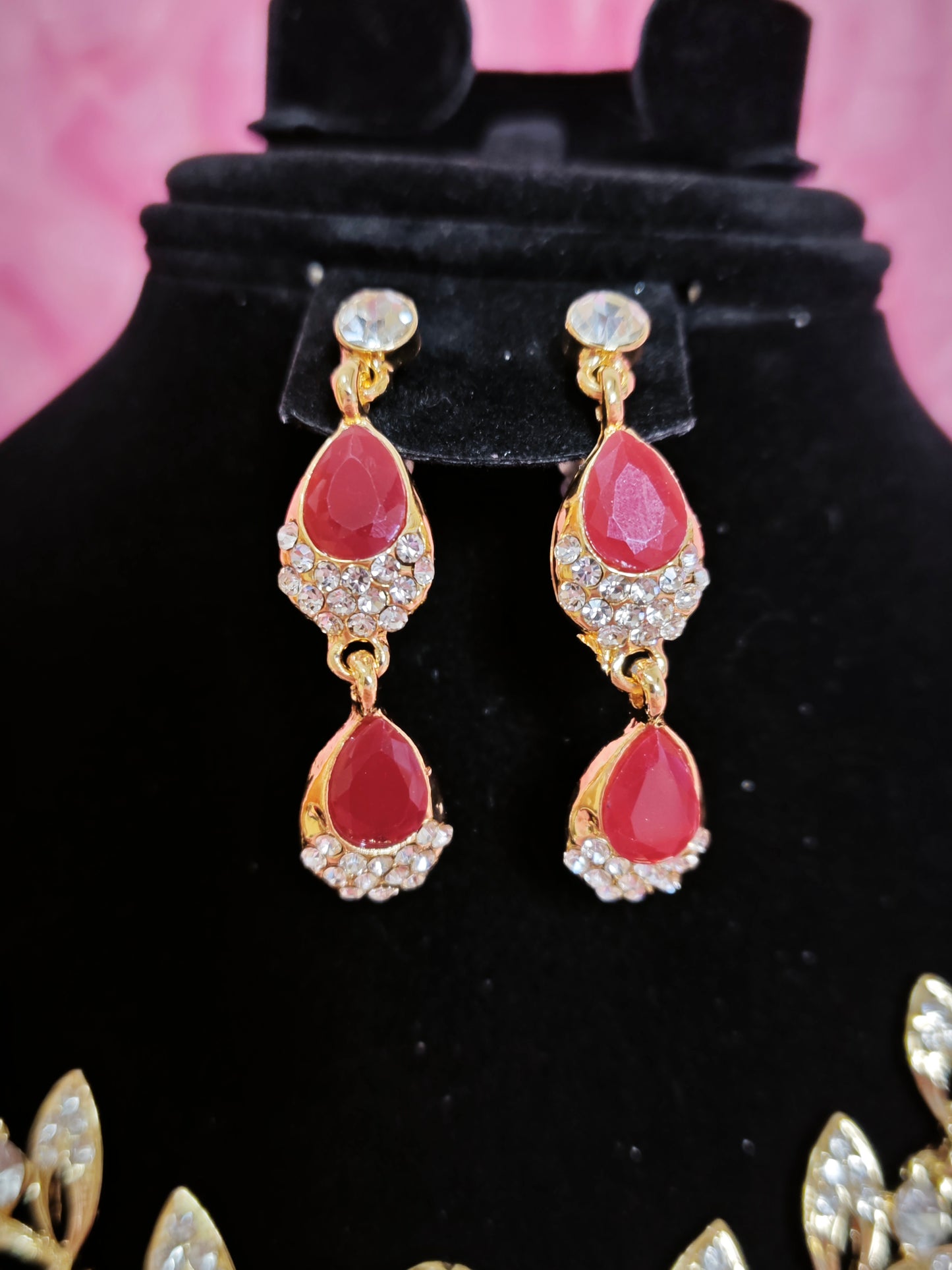 Gilded Ruby & Crystal Floral Necklace & Earring Set