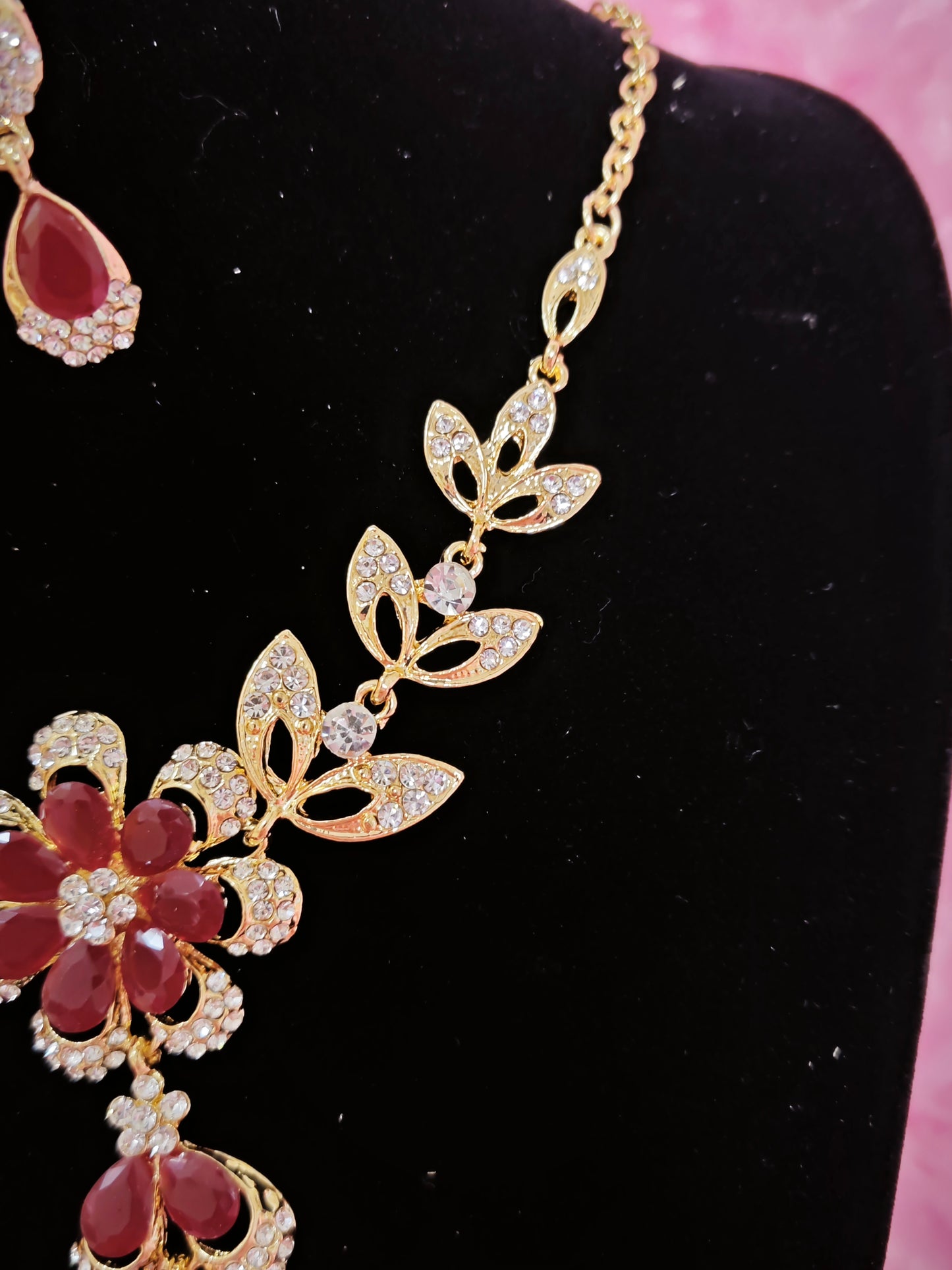 Gilded Ruby & Crystal Floral Necklace & Earring Set