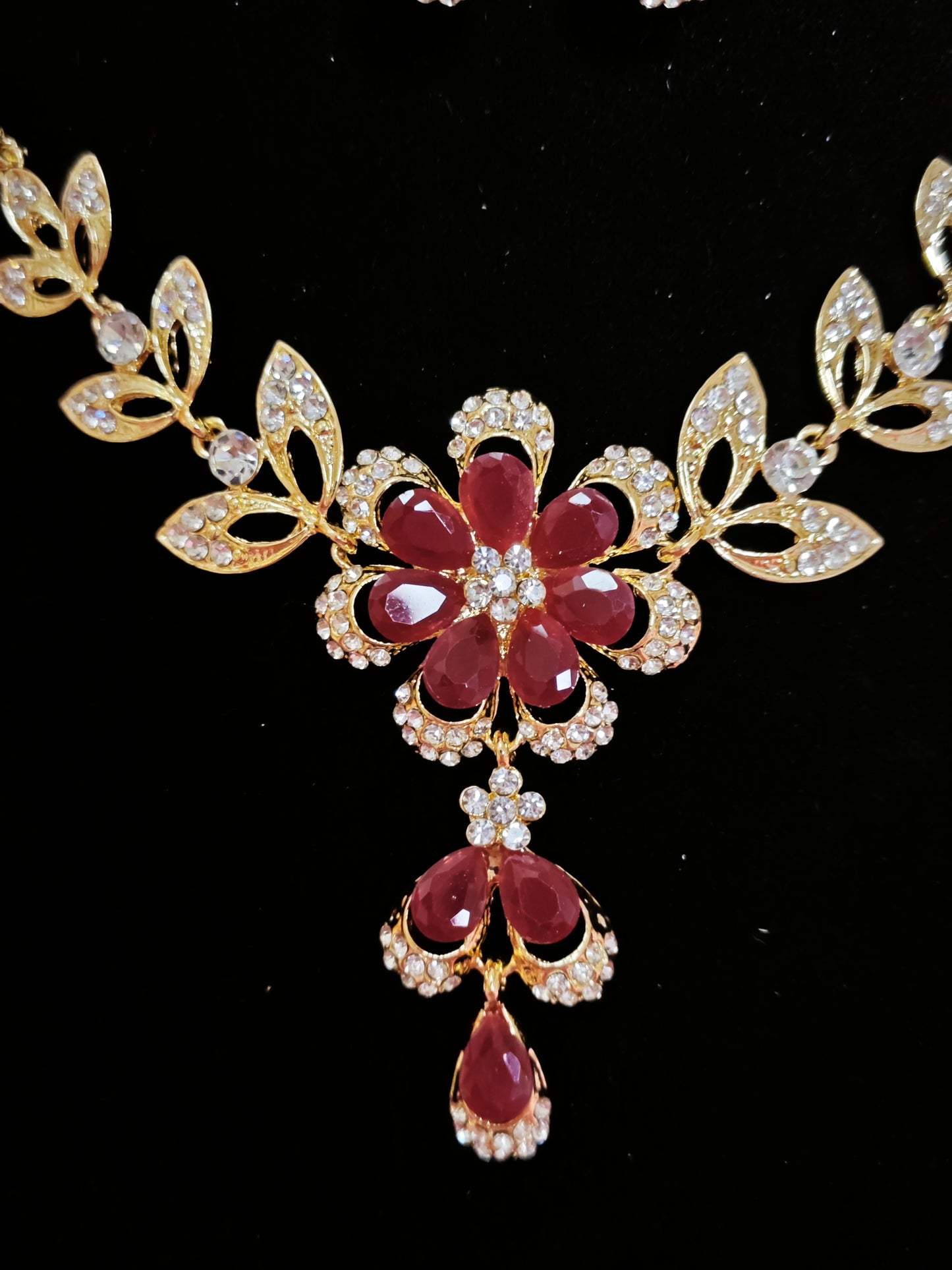 Gilded Ruby & Crystal Floral Necklace & Earring Set