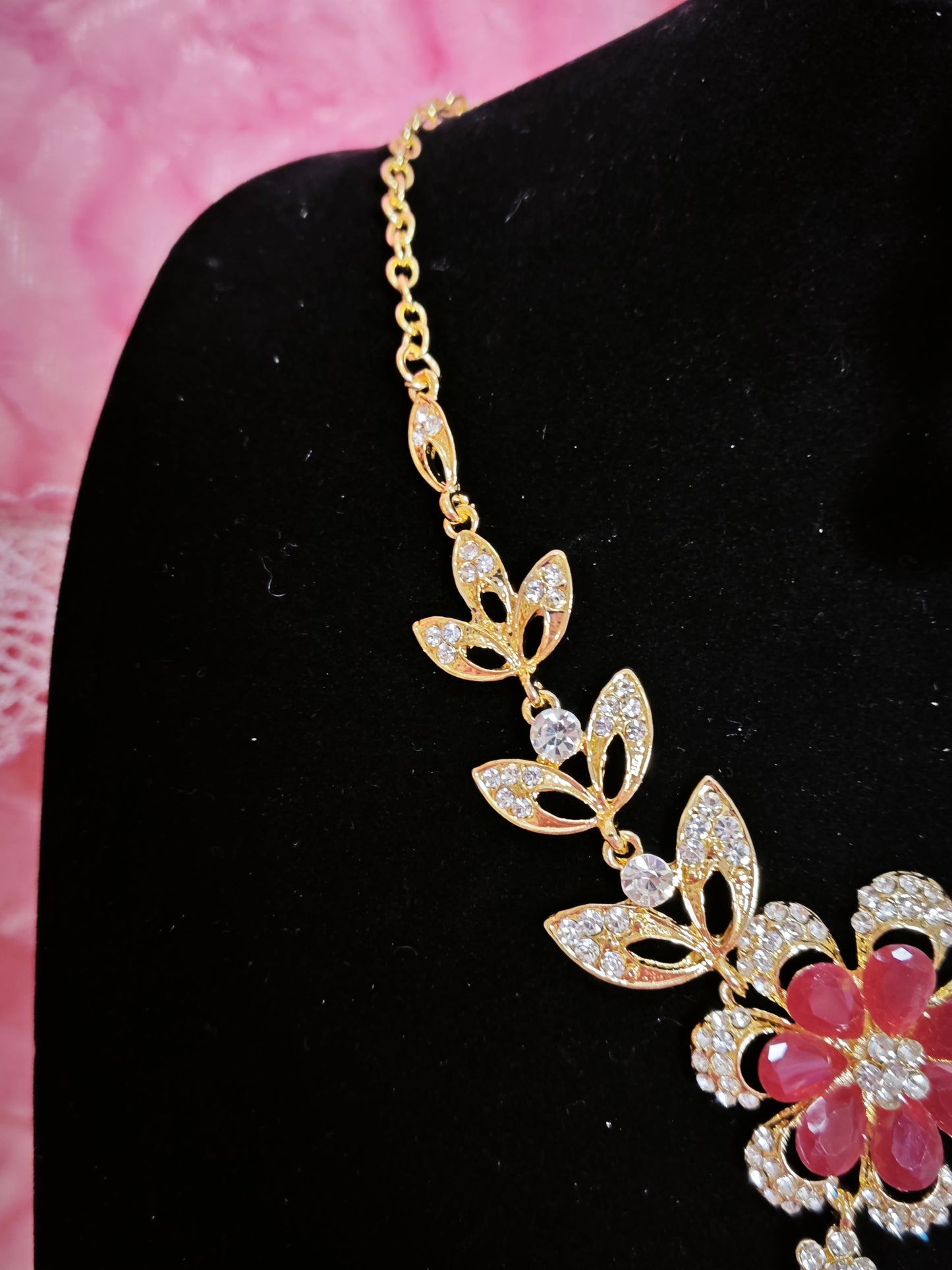 Gilded Ruby & Crystal Floral Necklace & Earring Set