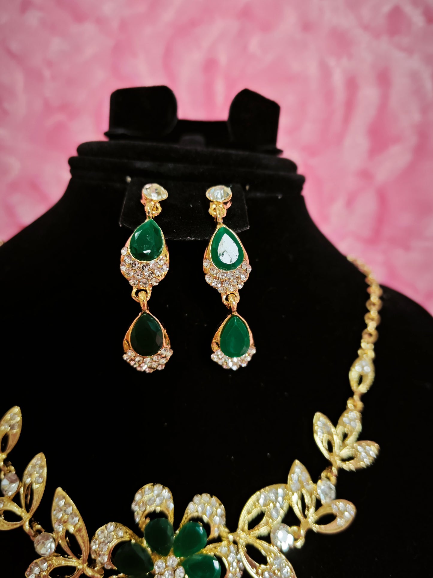 Gilded Emerald & Crystal Floral Necklace & Earring Set